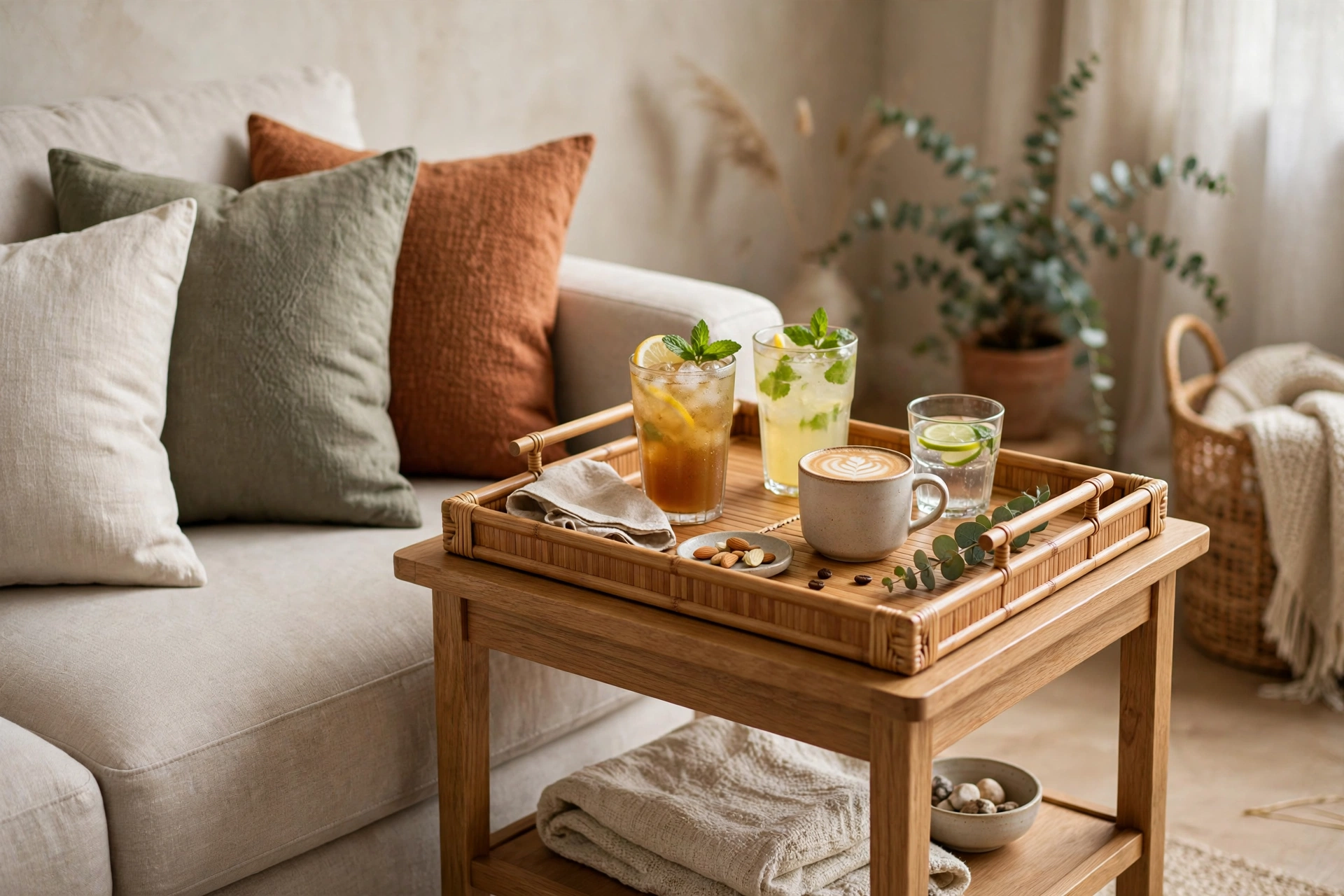 Tray-top side table with removable bamboo tray styled with drinks beside a sofa