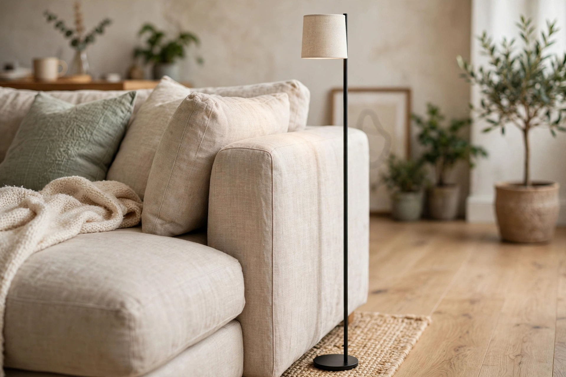 Slim stick floor lamp tucked beside a living room sofa arm