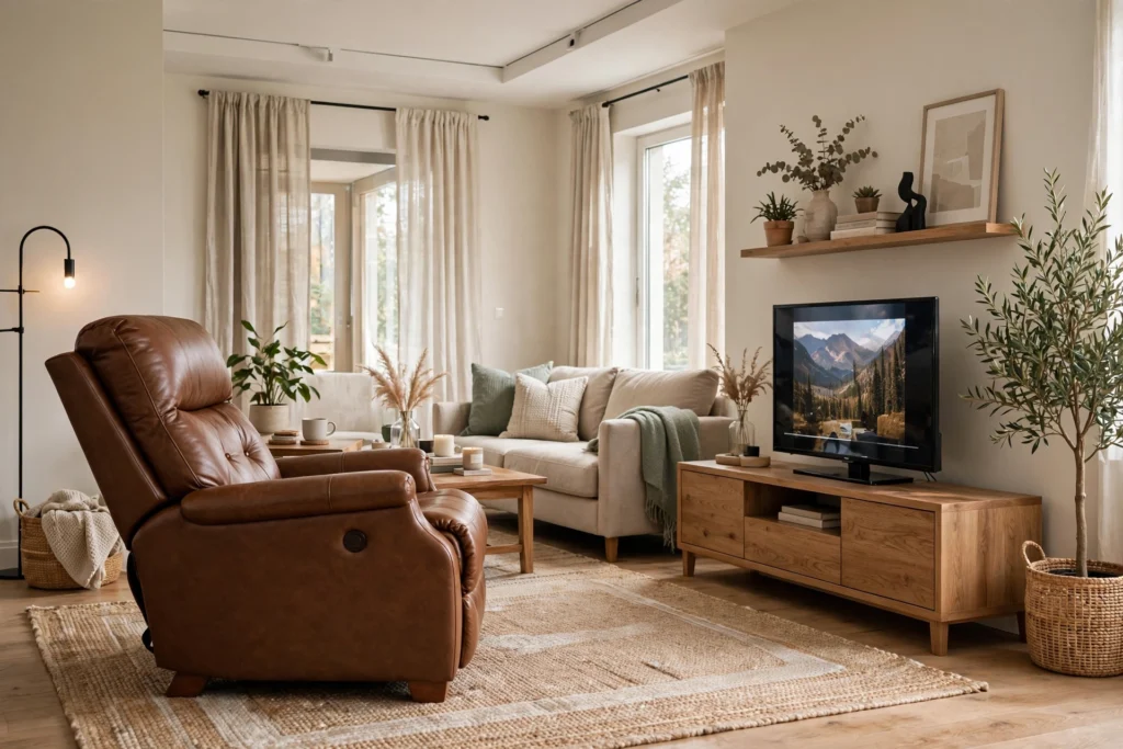 Recliner angled toward a TV in a balanced living room layout