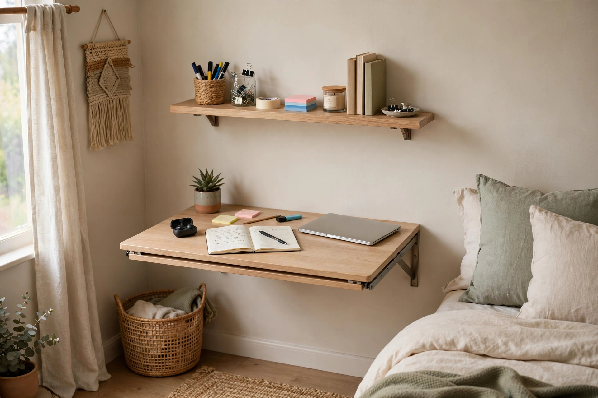 Wall-mounted fold-down desk in a bedroom with floating shelf above for supplies