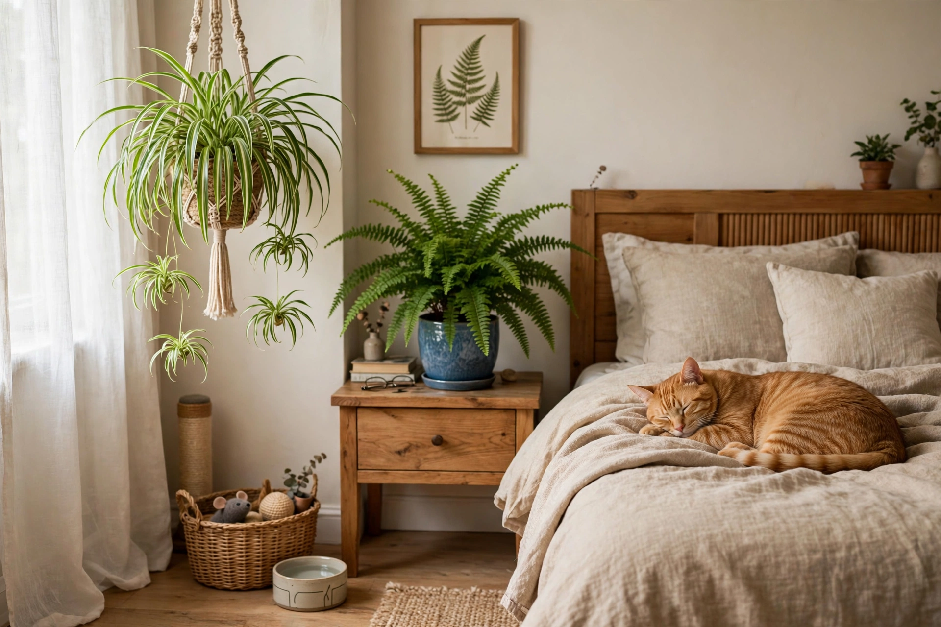 Spider plant and Boston fern in a pet-friendly bedroom with a cat resting nearby