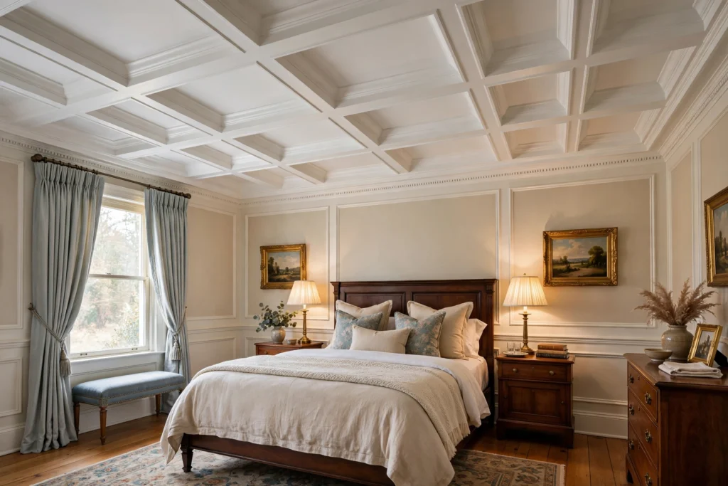 Traditional bedroom with a white coffered ceiling in a grid of recessed panels