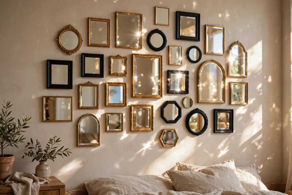Gallery wall of small mirrors in mixed gold and black frames on a bedroom wall, catching scattered light
