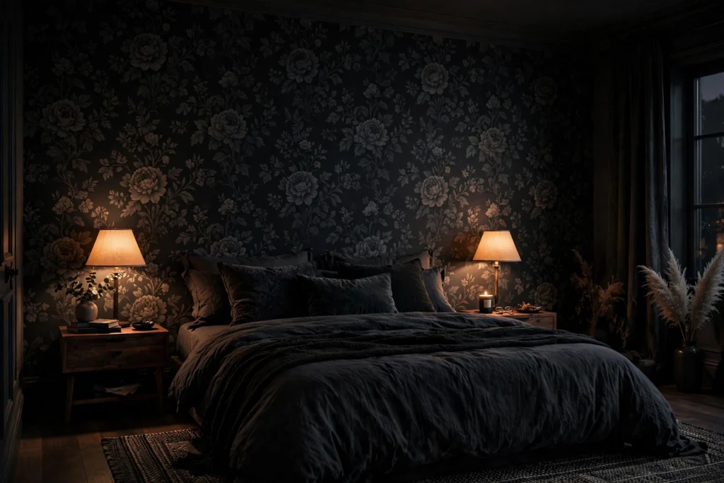 Moody bedroom with deep charcoal floral wallpaper and warm bedside lamps