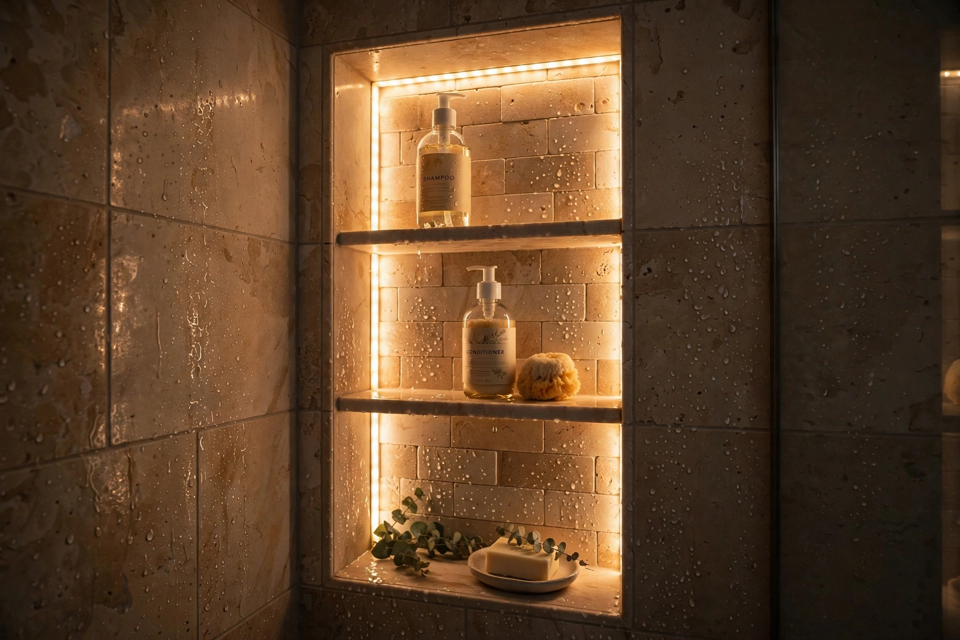 Shower niche glowing with a warm waterproof LED strip light