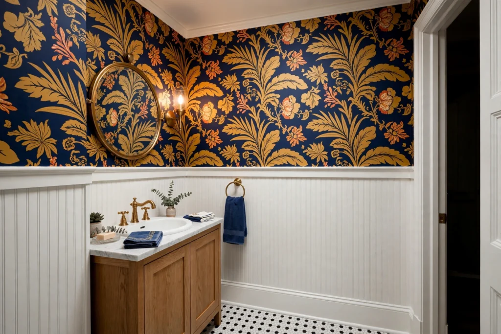 Beadboard wainscoting below a bold patterned wallpaper in a powder room