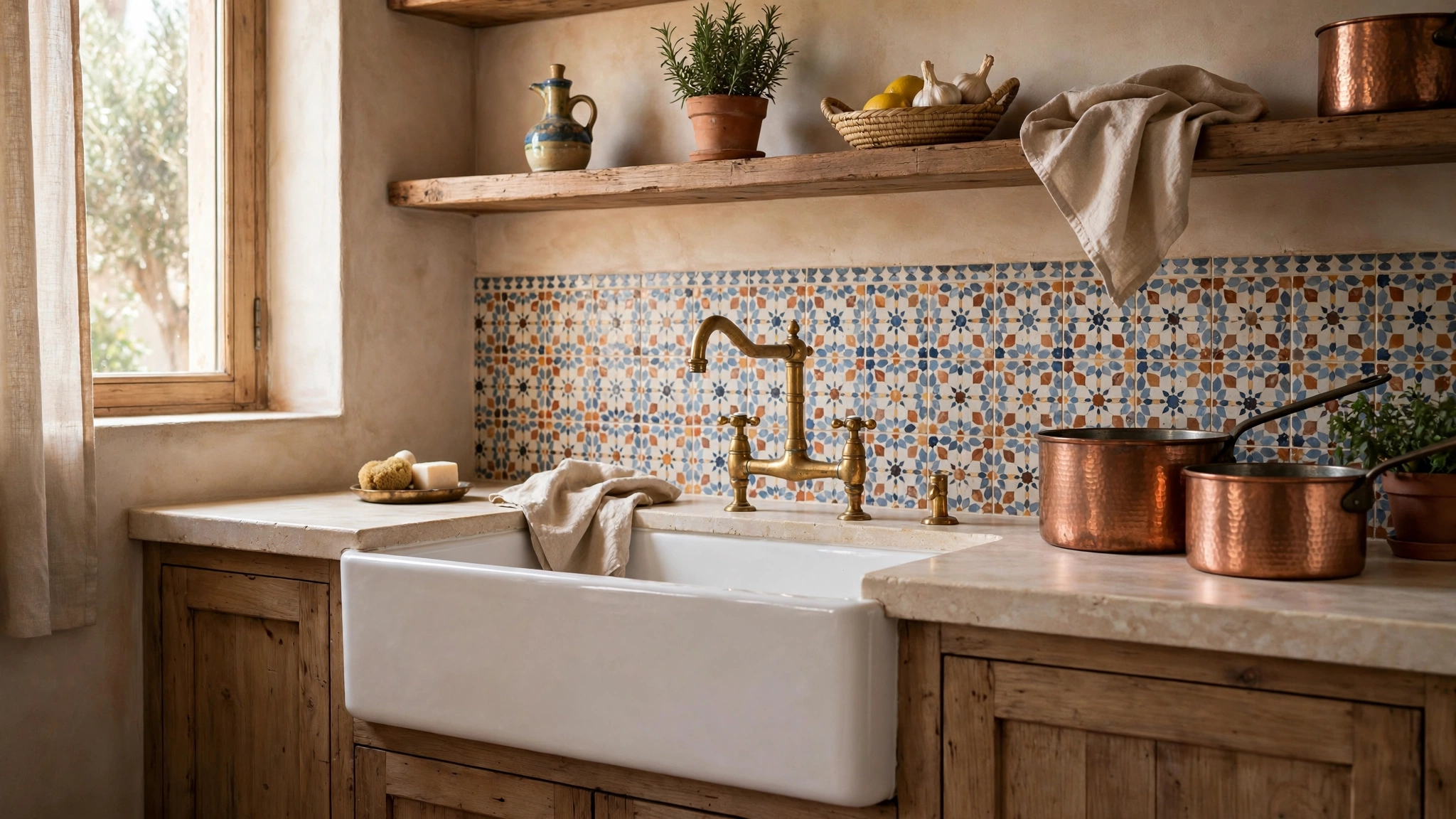 Fireclay farmhouse sink with brass faucet in a Mediterranean kitchen