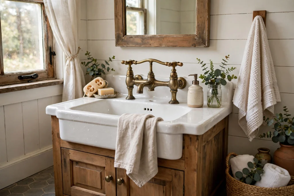 Vintage style bridge faucet with cross handles in a farmhouse bathroom