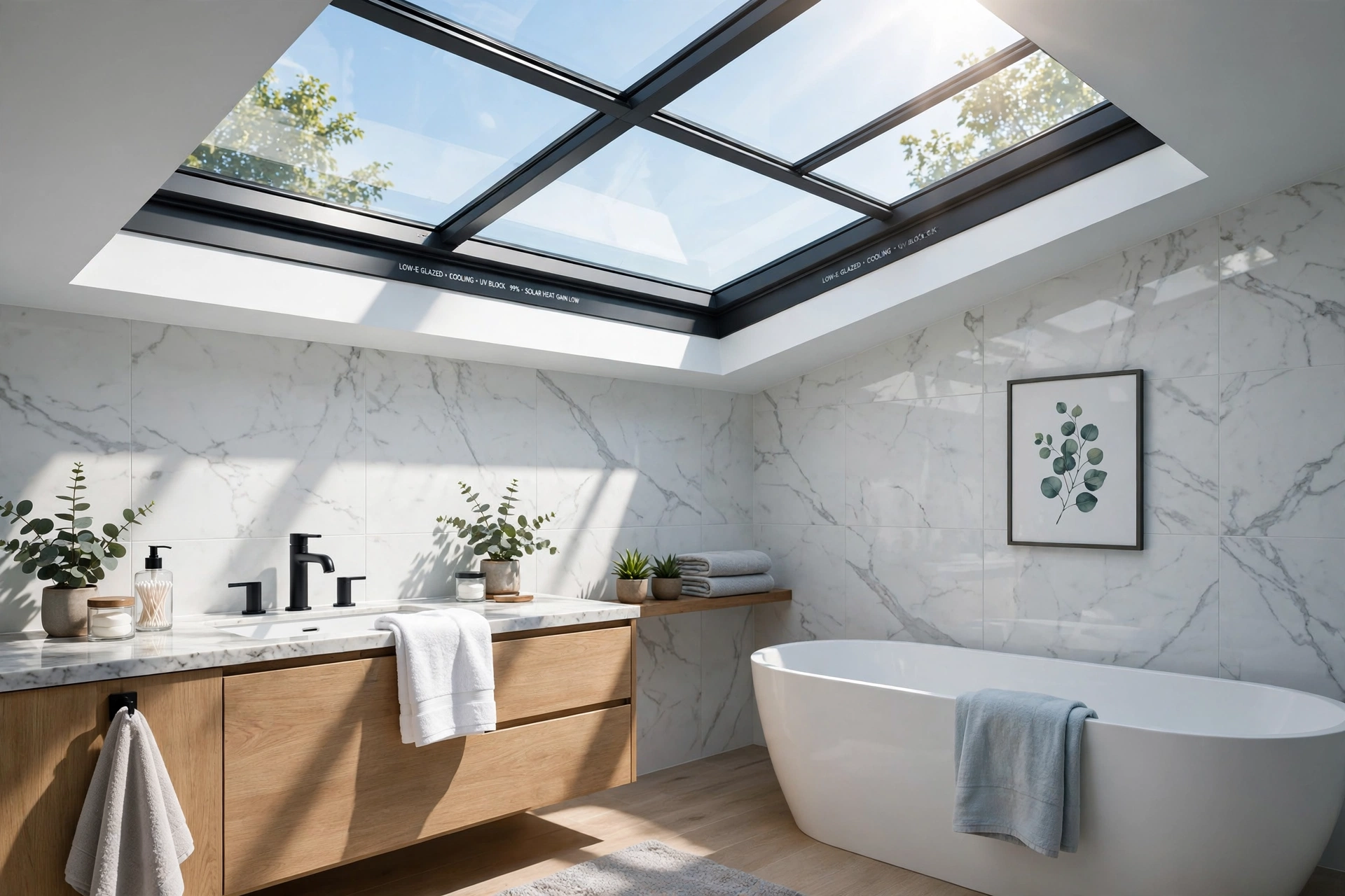 Low E glazed skylight keeping a sunny bathroom bright but cool