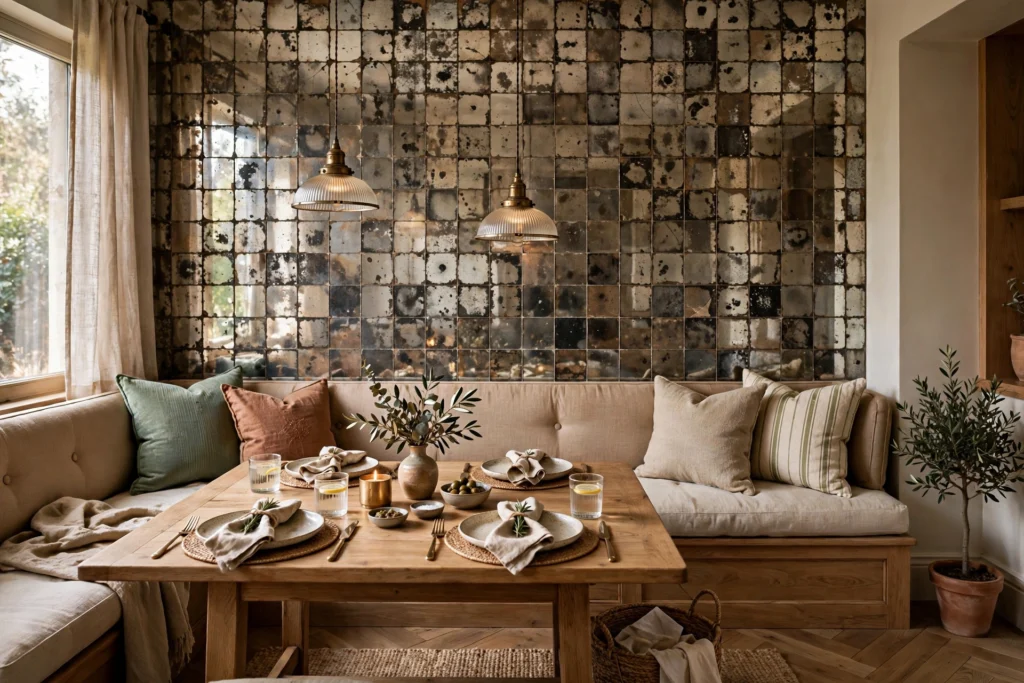Antiqued mirrored tile accent wall behind a dining banquette