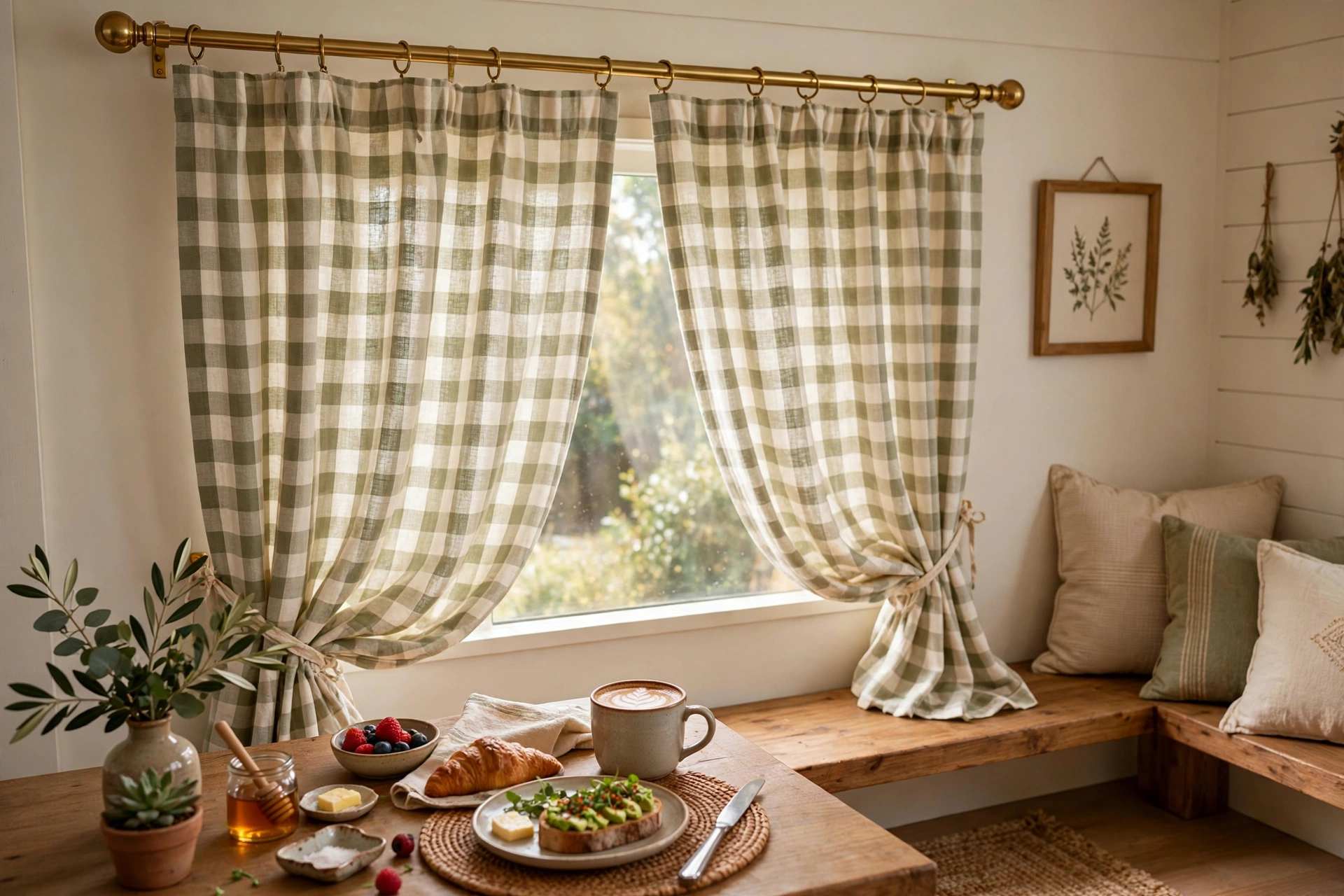 Charming café curtains on a brass rod in a casual breakfast nook