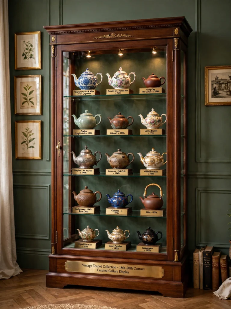 China cabinet styled as a gallery for a vintage teapot collection