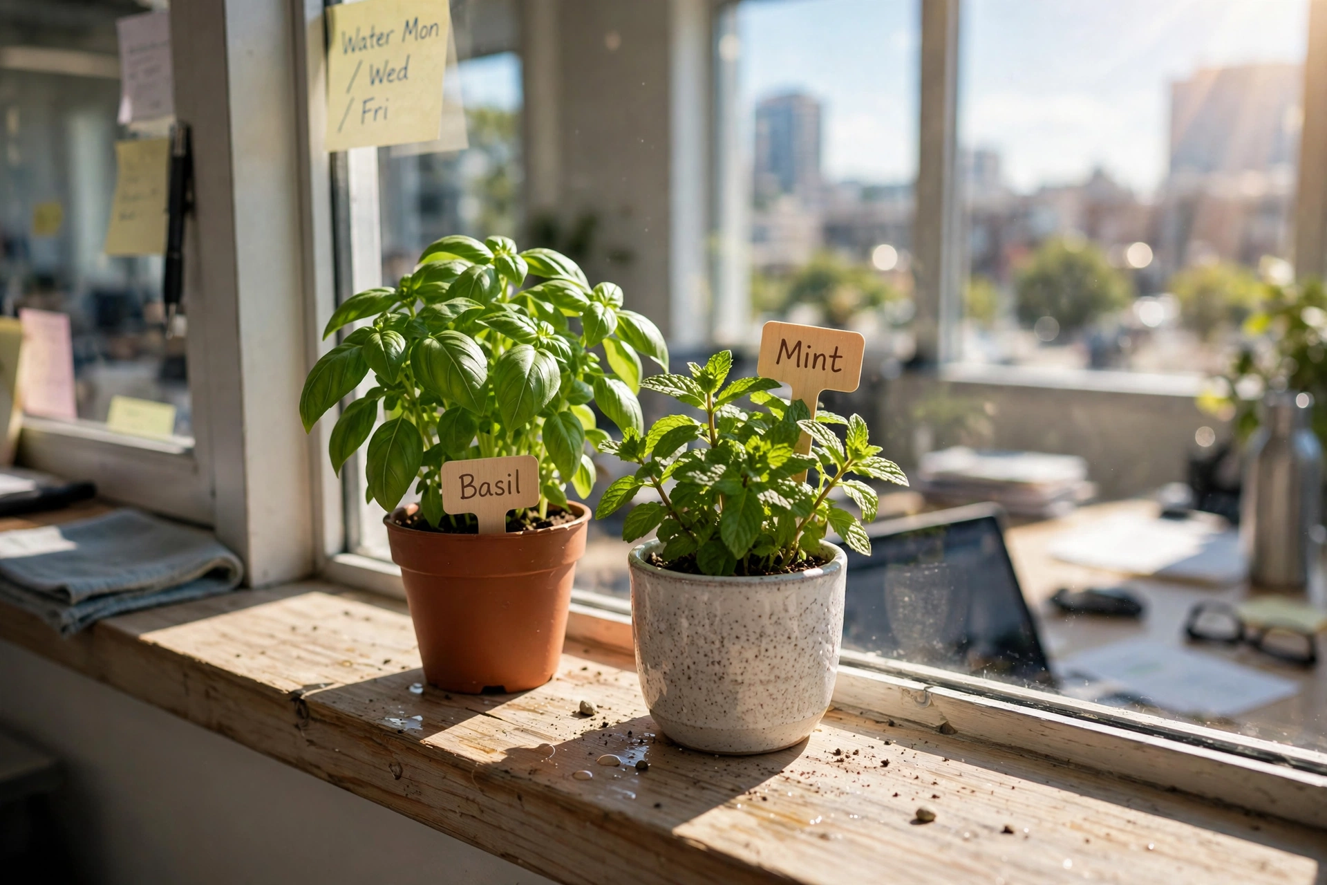 Small herb garden of basil and mint on a sunny office windowsill