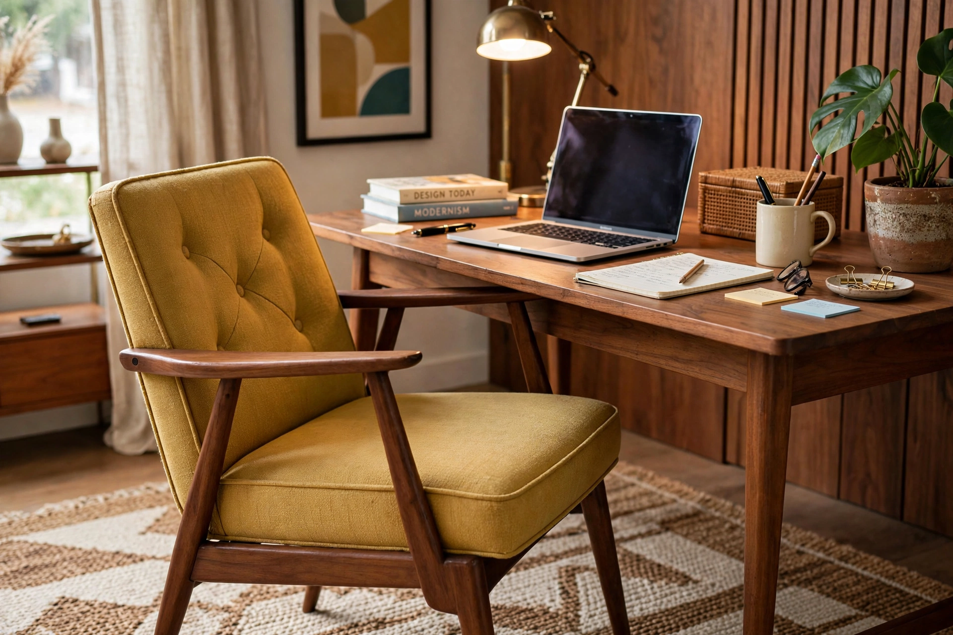 Mid-century modern accent chair used as a stylish desk chair