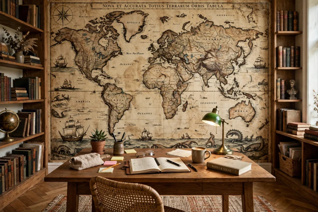 Vintage world map wallpaper behind a desk in a home office with bookshelves