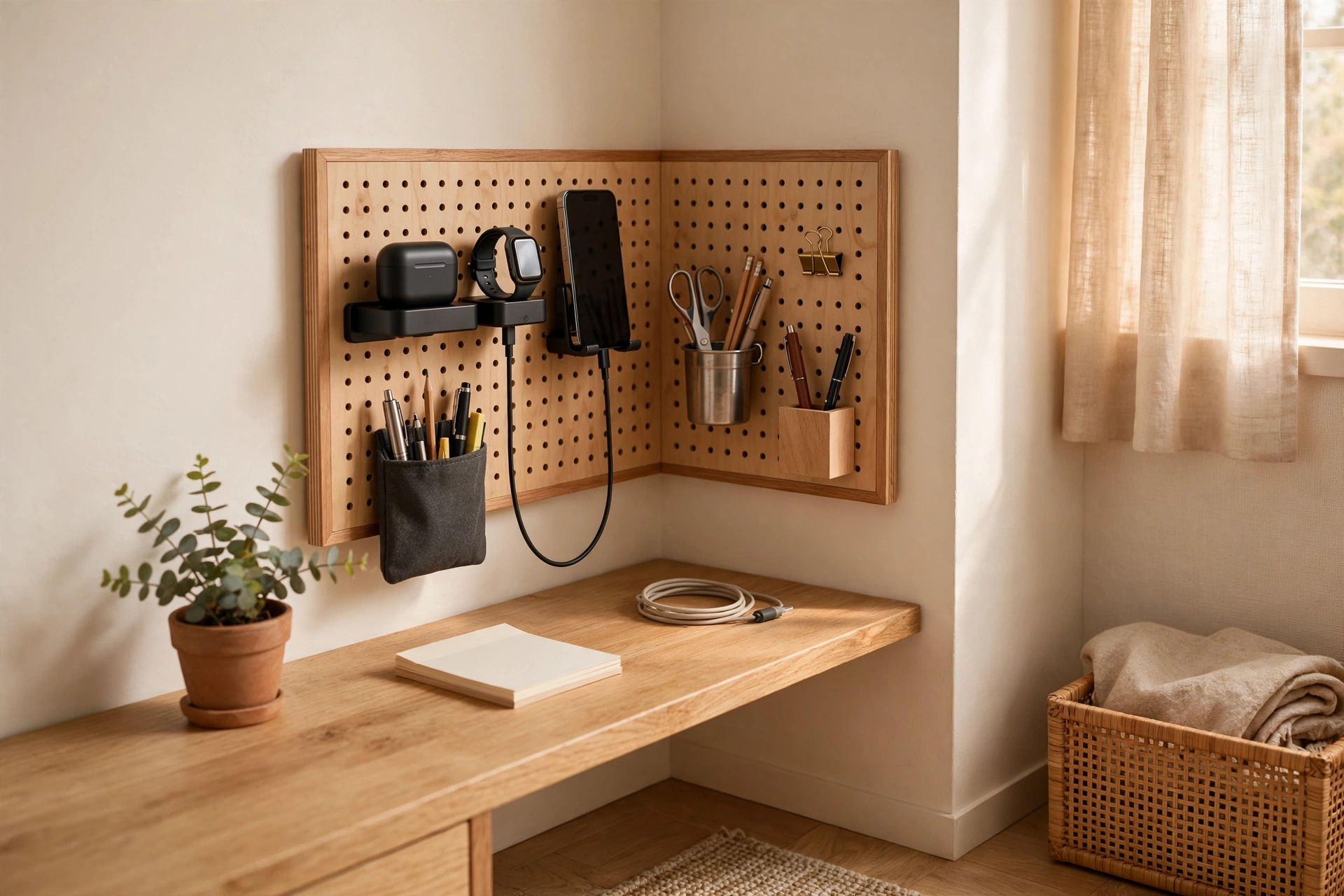 Small pegboard in a compact home office corner holding a charging station and writing tools