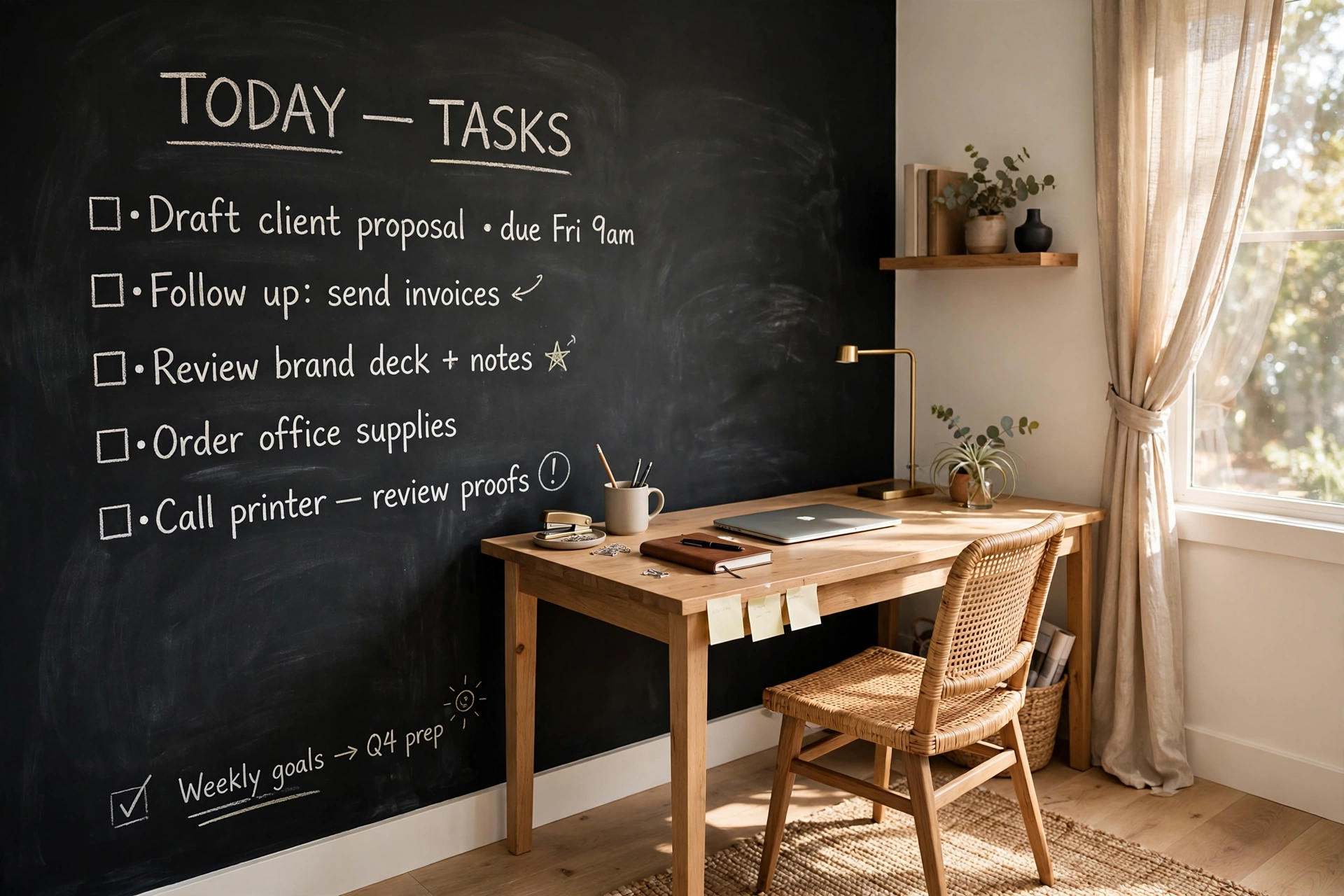 Home office with a dark chalkboard painted accent wall with chalk task lists beside a desk