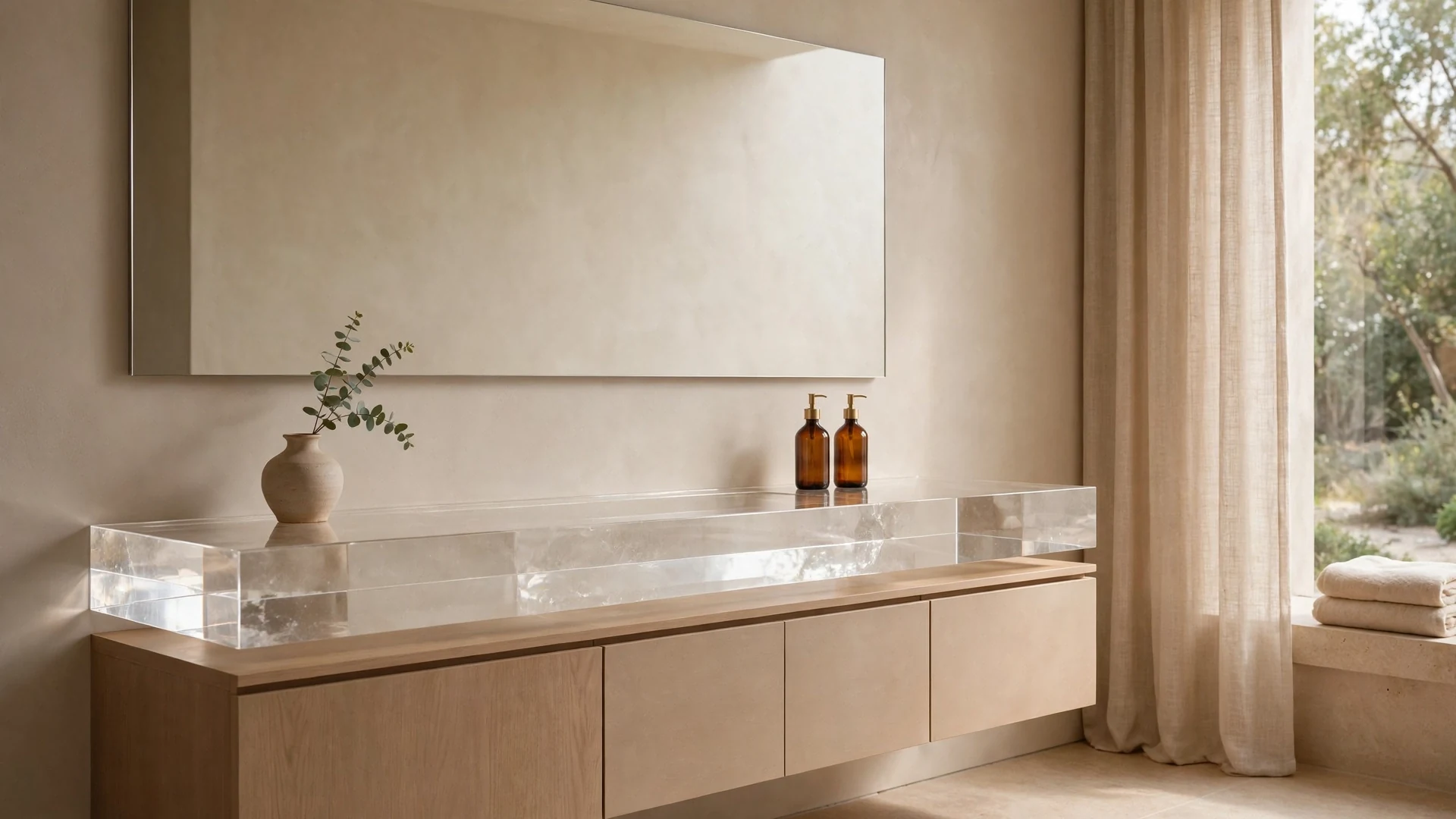 Uncluttered minimalist spa bathroom vanity with clear serene surfaces