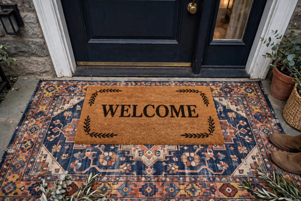 Coir doormat layered over a larger entryway rug at the front door