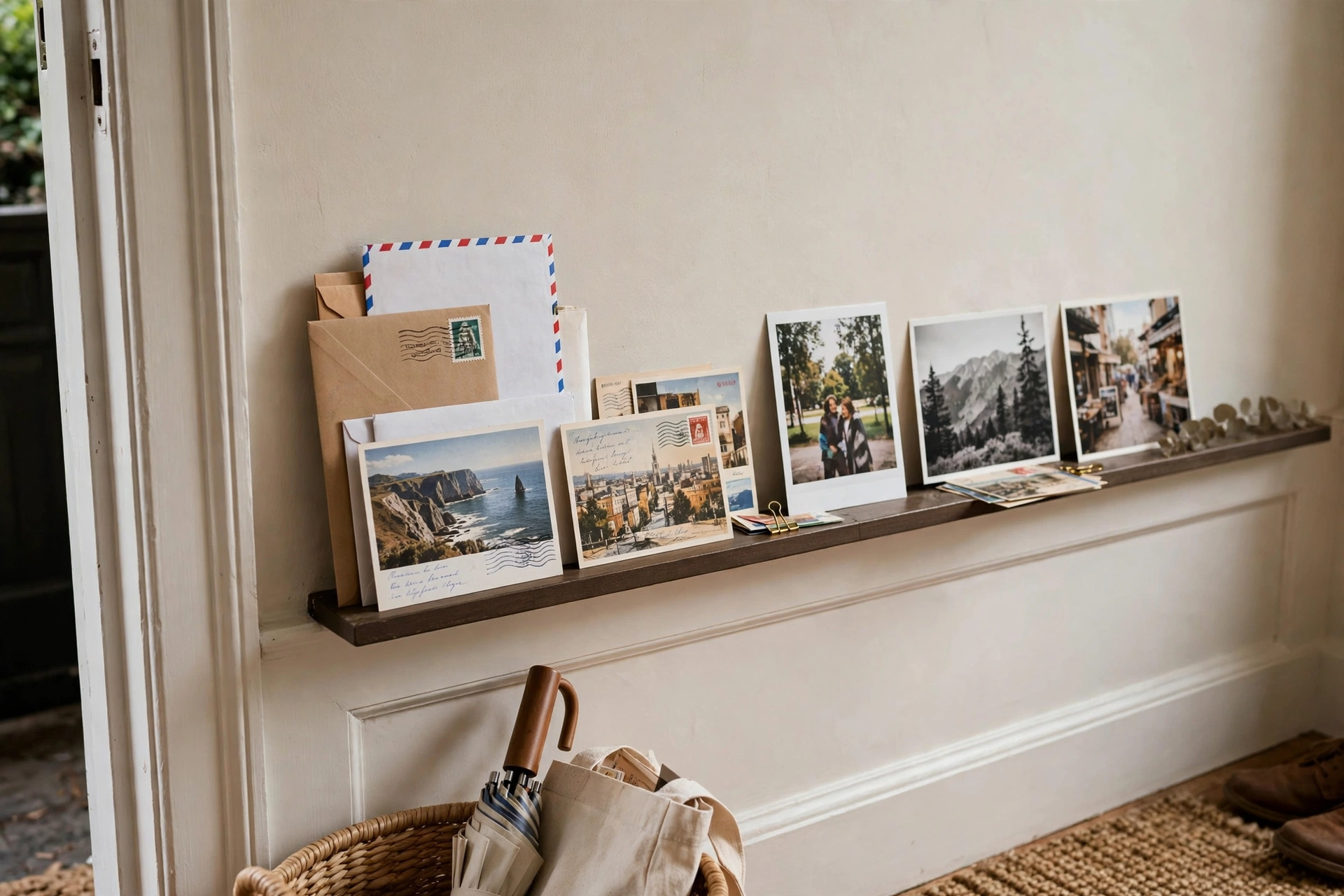 Narrow picture ledge in an entryway holding upright mail, postcards, and leaning photos