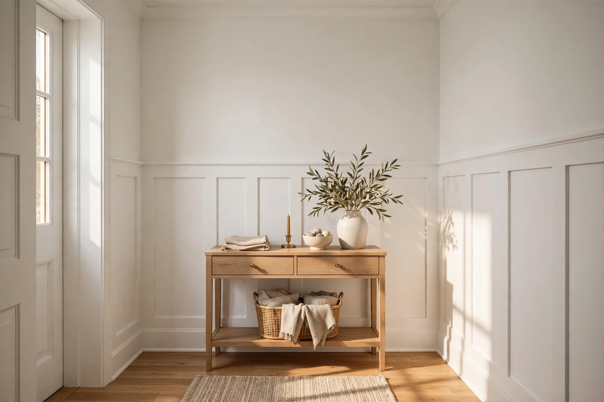 White on white Shaker style wainscoting in a small entryway with console table