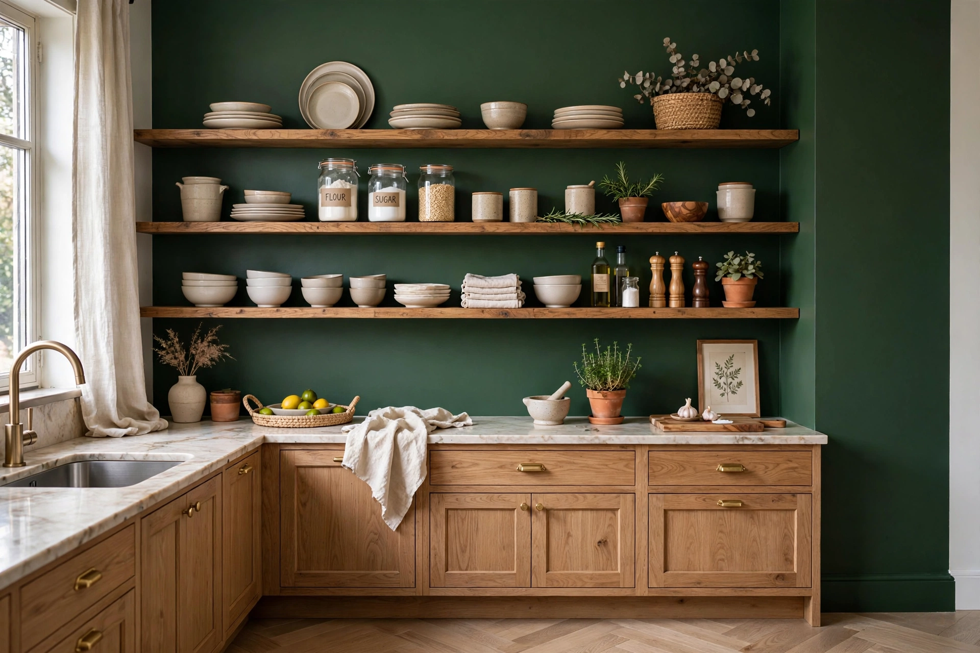 Kitchen with a deep green painted accent wall behind open shelving