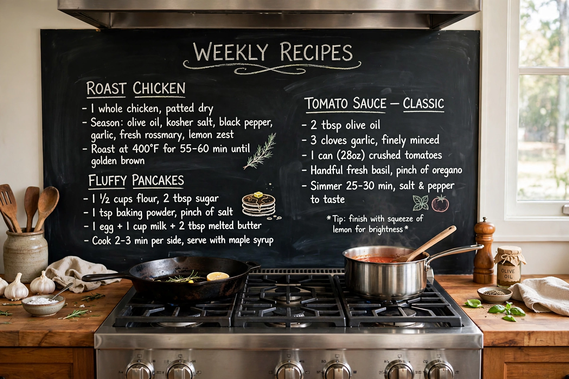 Chalkboard backsplash with handwritten recipes behind a kitchen range