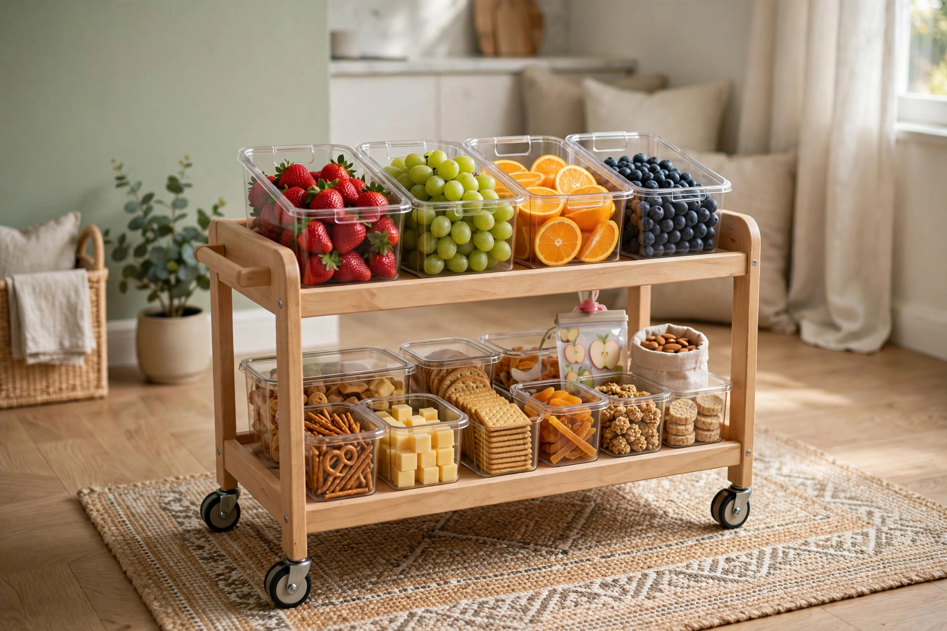 Low kids snack cart with clear bins of fruit and portioned snacks