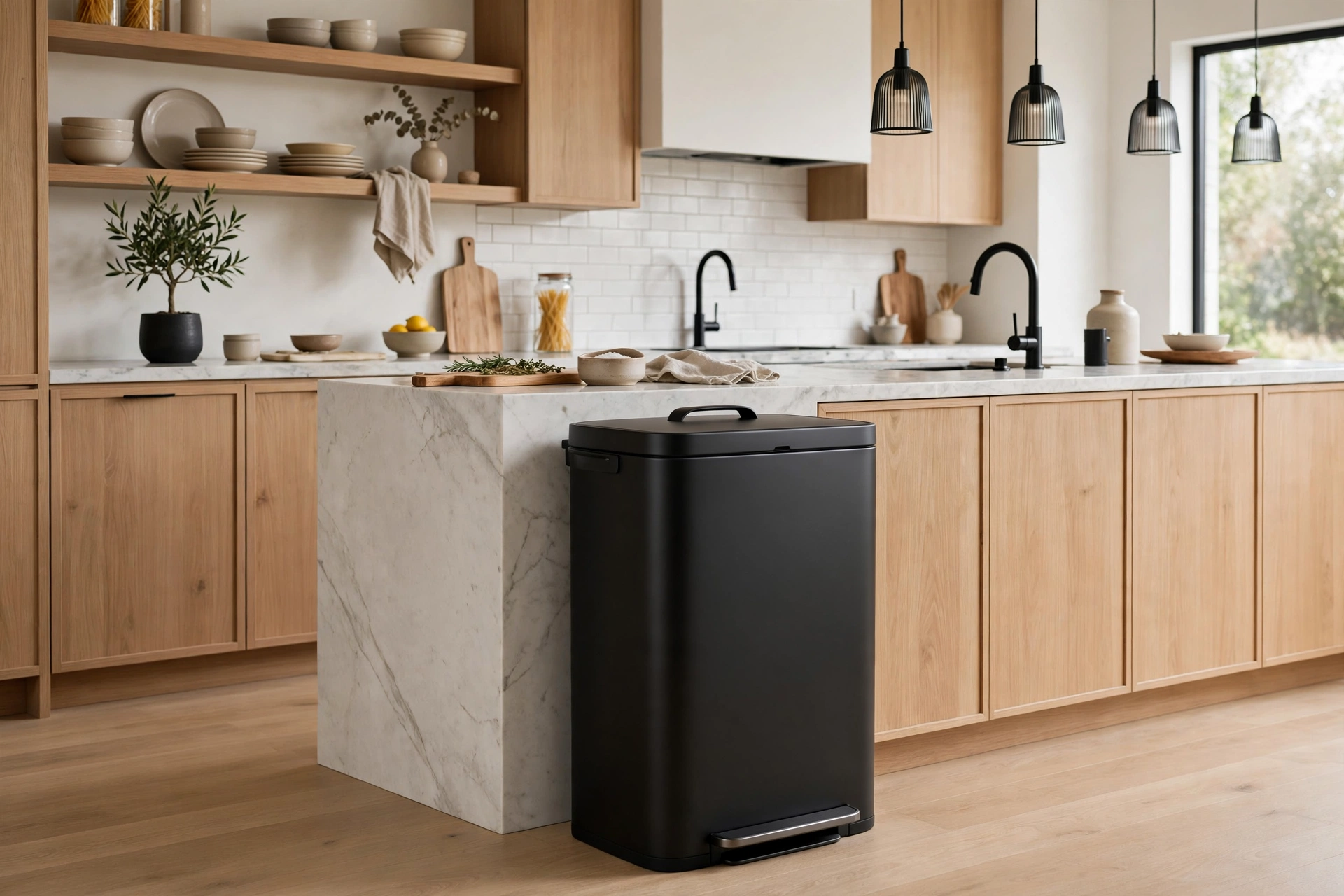 Stylish matte black designer trash can displayed in a modern kitchen