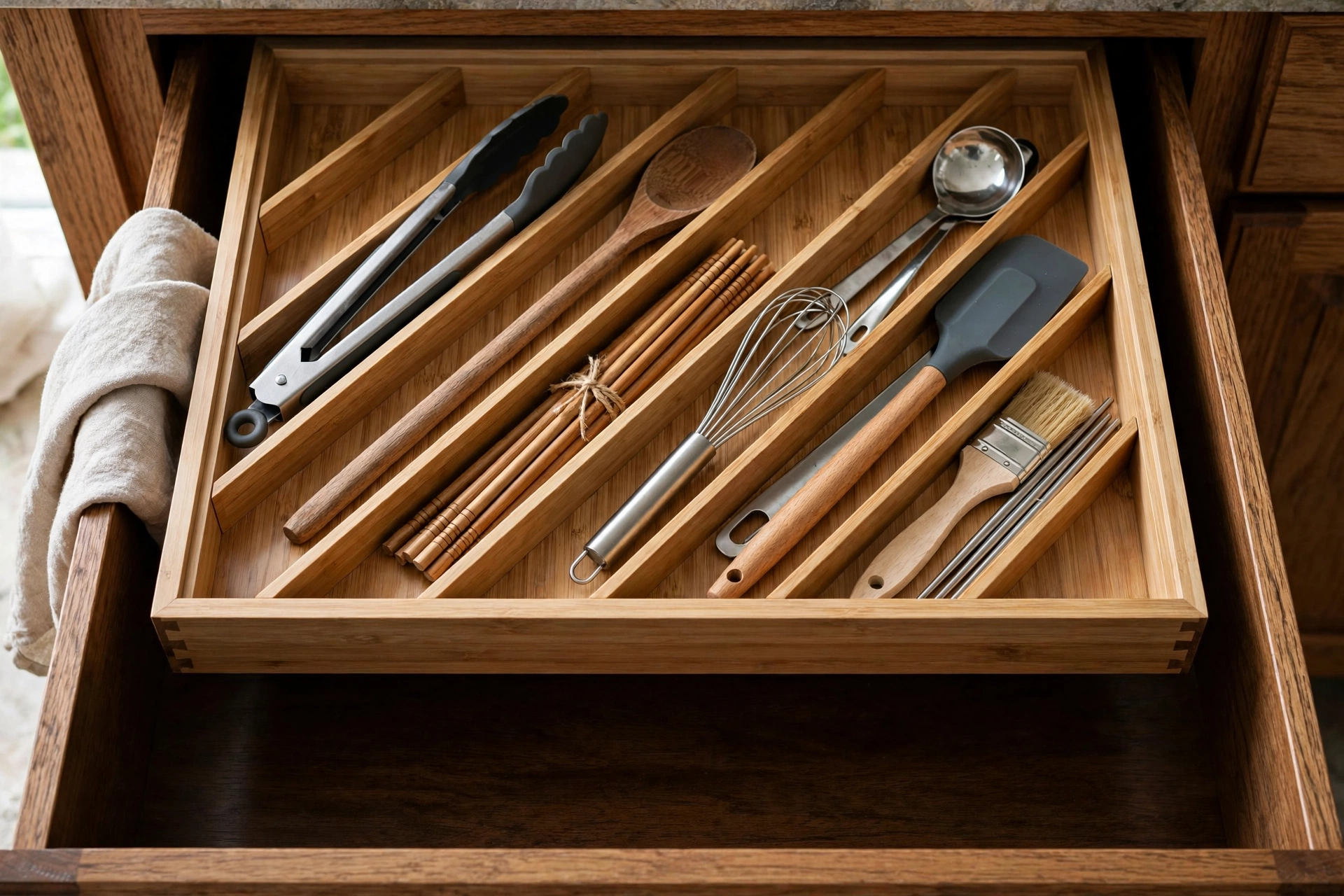 Deep kitchen drawer with diagonal organizer insert for long utensils