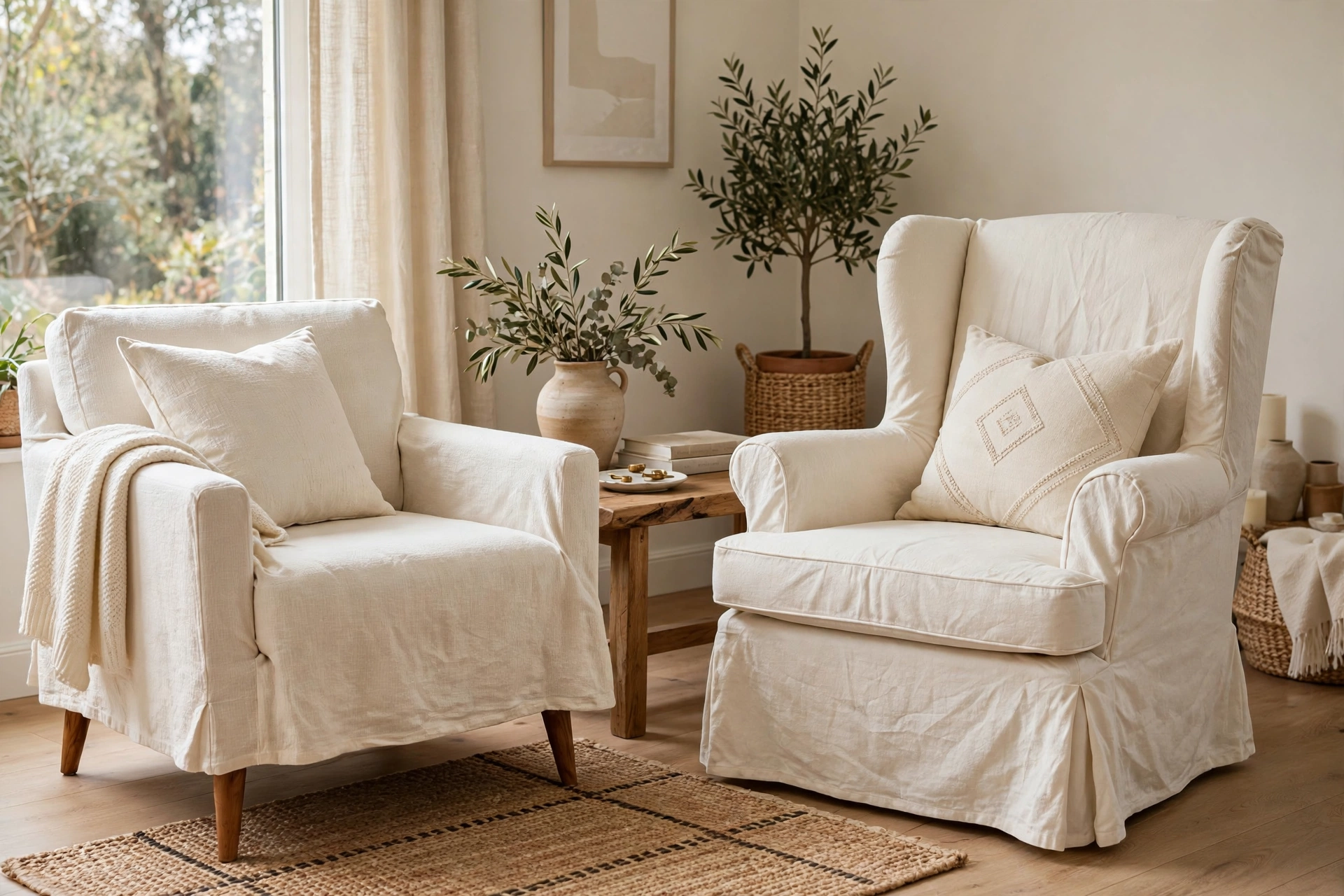 Two mismatched armchairs unified with matching cream slipcovers