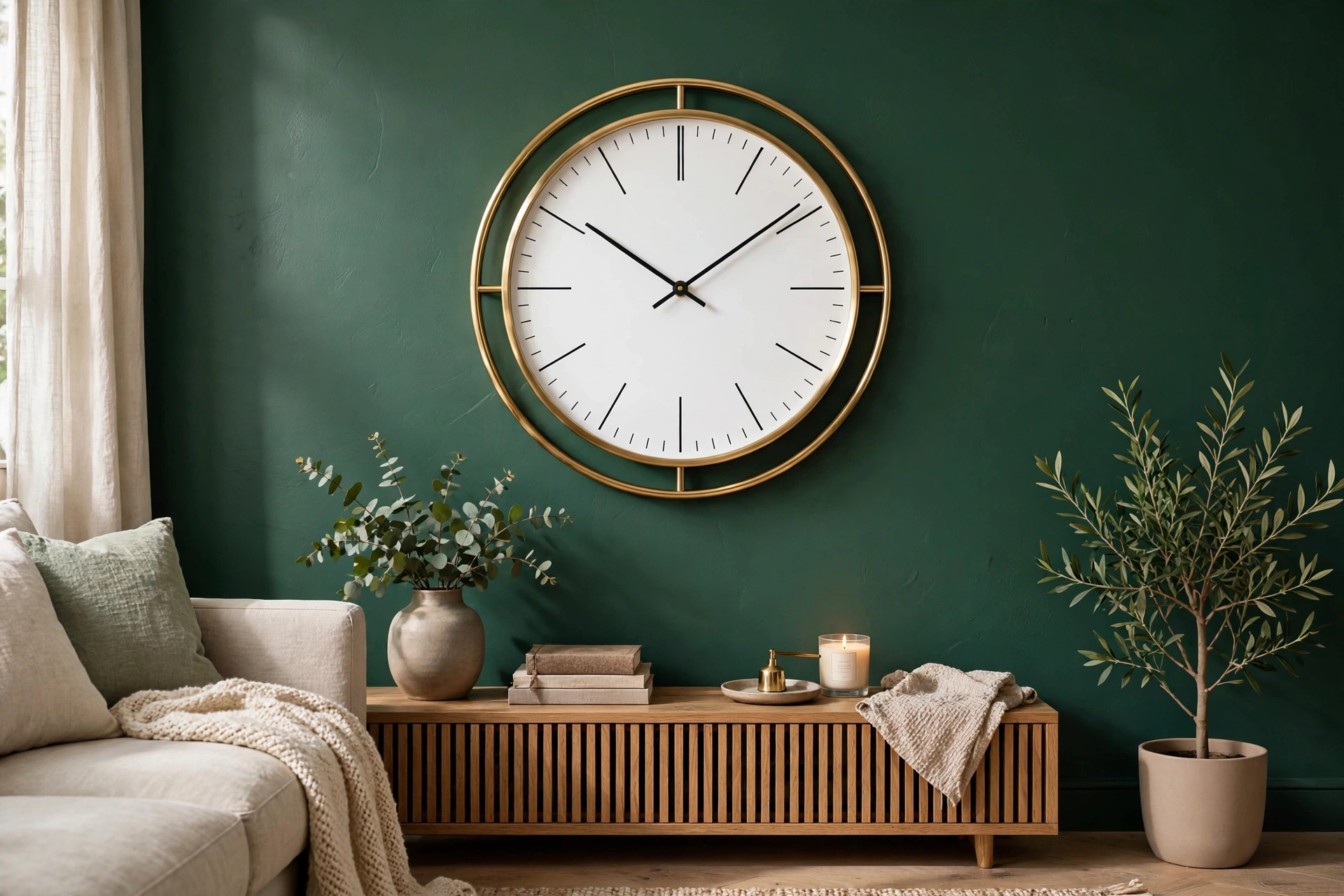 Sleek brass metal frame wall clock on a deep green living room wall