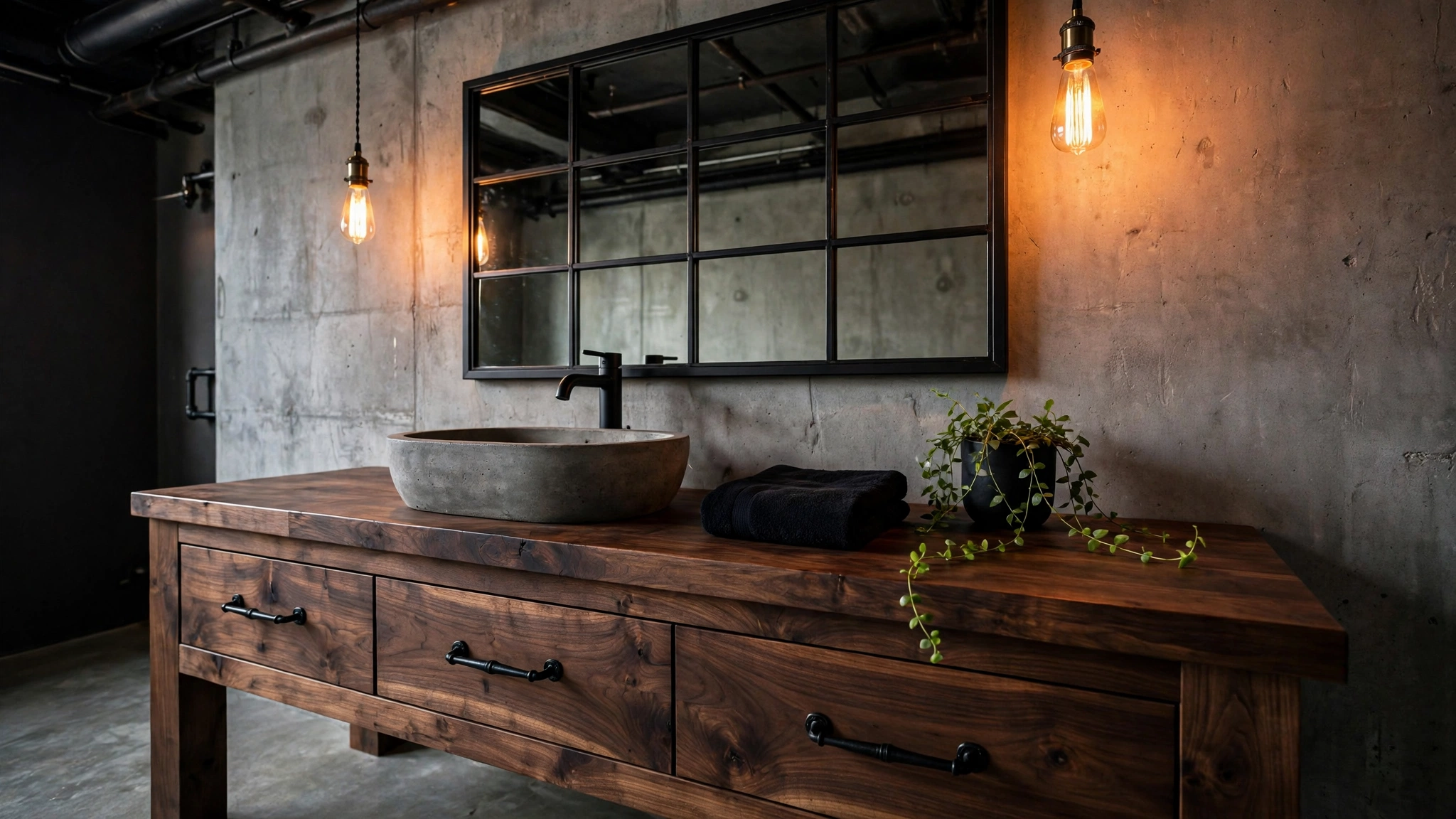 Dark walnut wood vanity with black iron pulls and concrete sink in an industrial bathroom