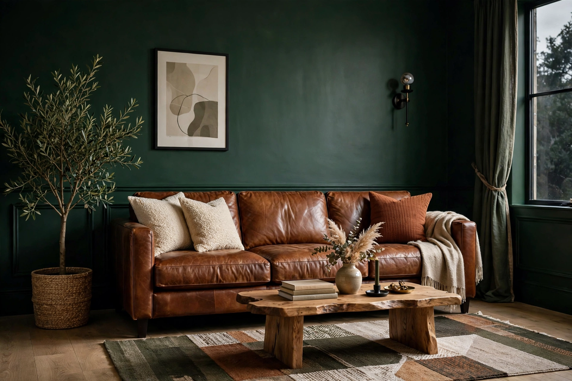 Cognac leather sofa against deep green moody living room walls