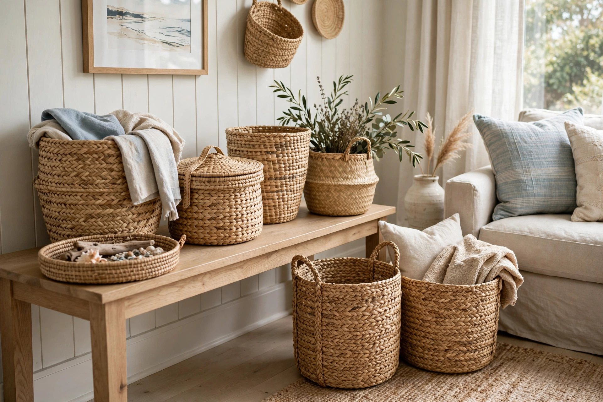 Collection of woven seagrass baskets adding coastal texture to a room