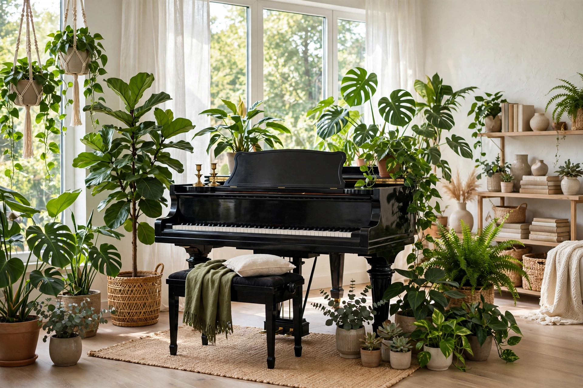 Grand piano surrounded by lush green houseplants in a bright room