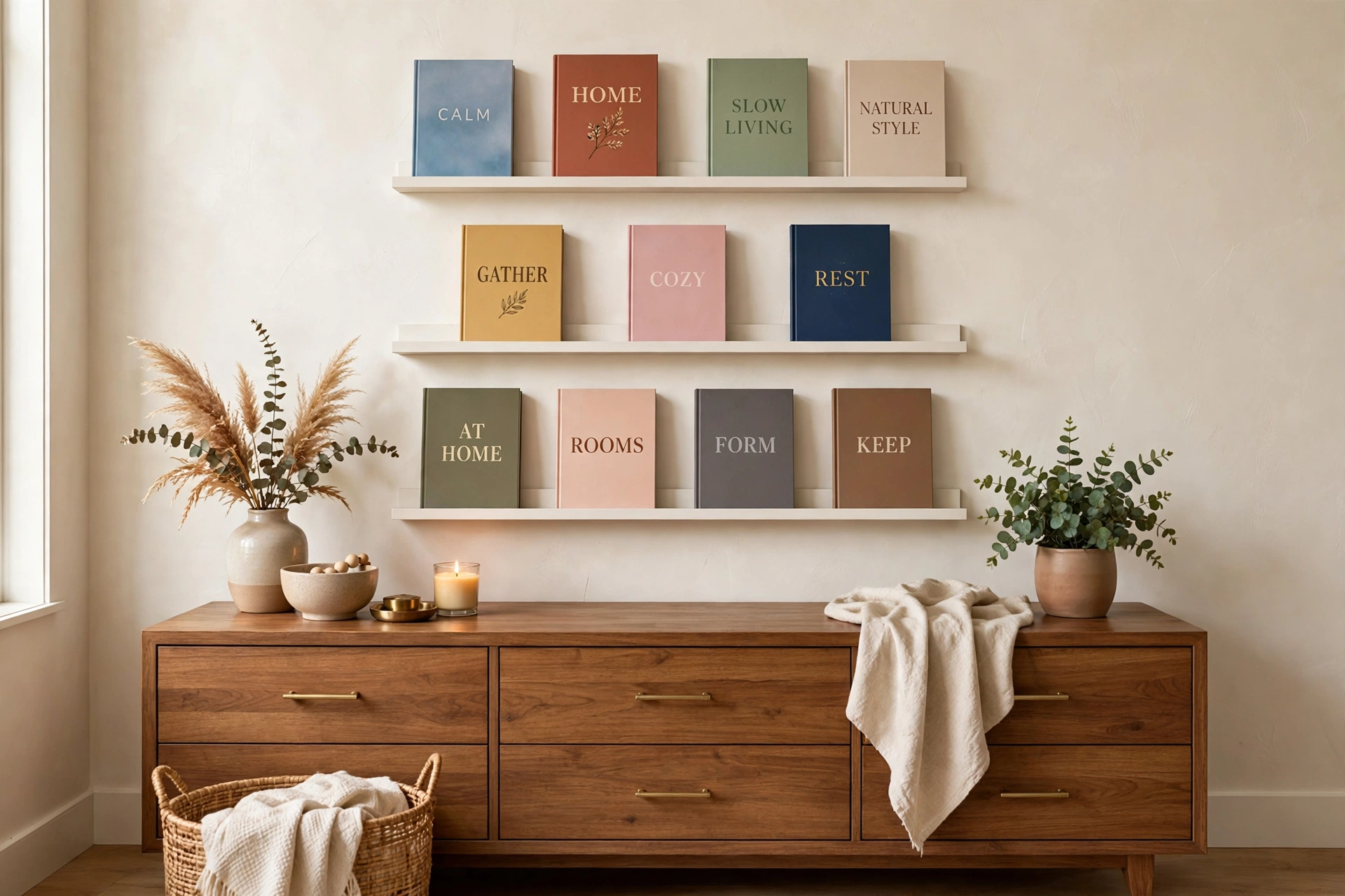 Floating picture ledges displaying books cover-out above a dresser