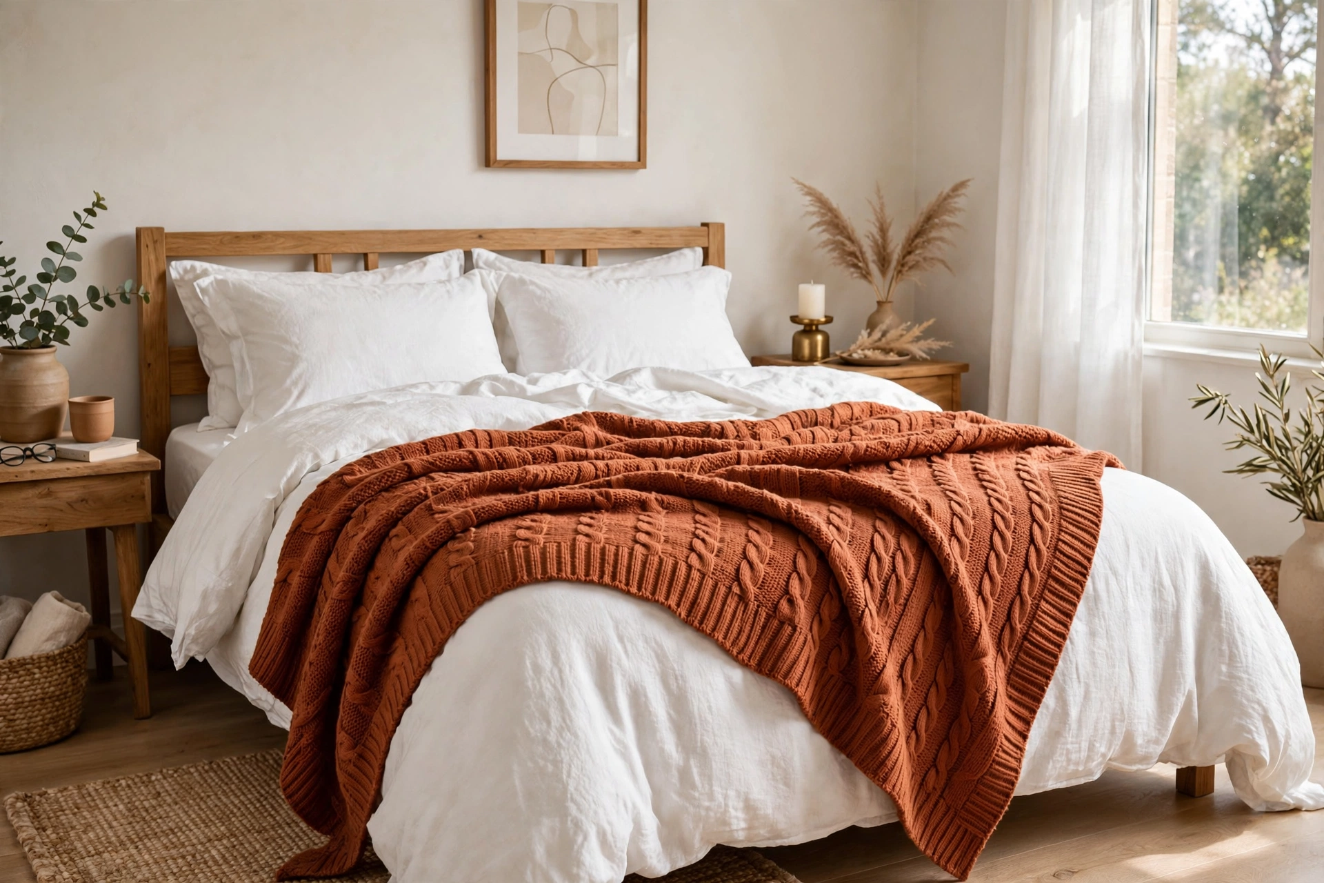 Terracotta throw blanket contrasting with white bedding in a bedroom