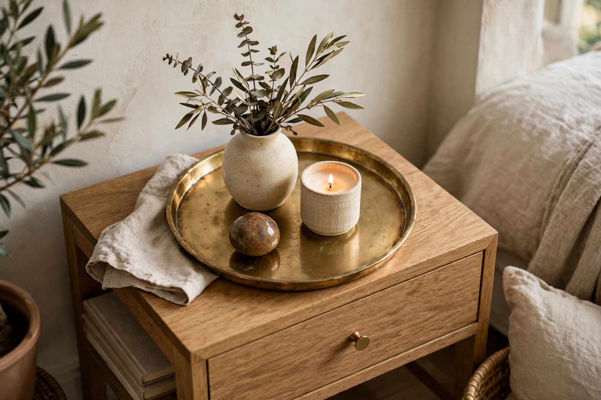 Round brass tray with three objects styled on a square nightstand