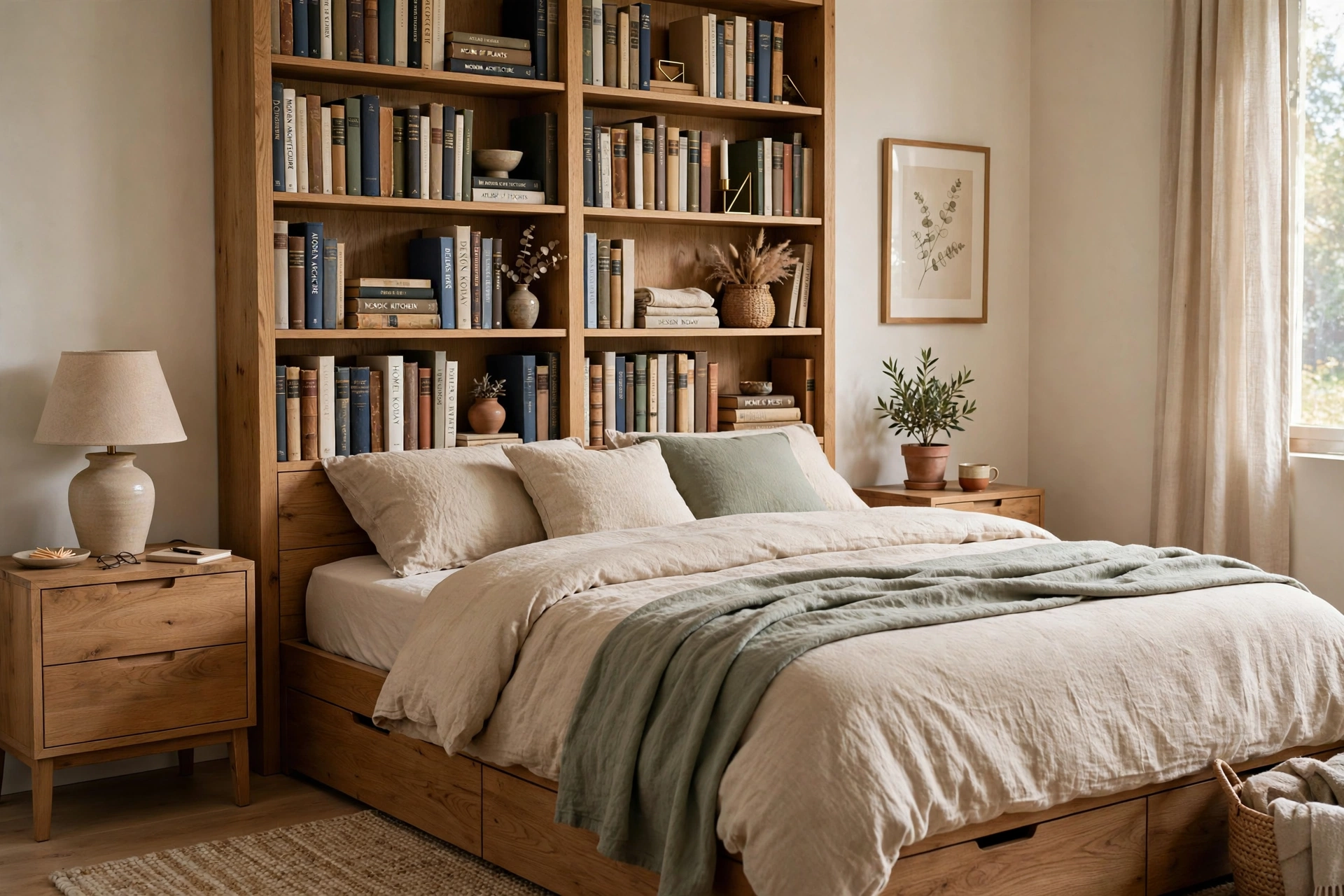 Storage bed with tall bookcase headboard filled with books