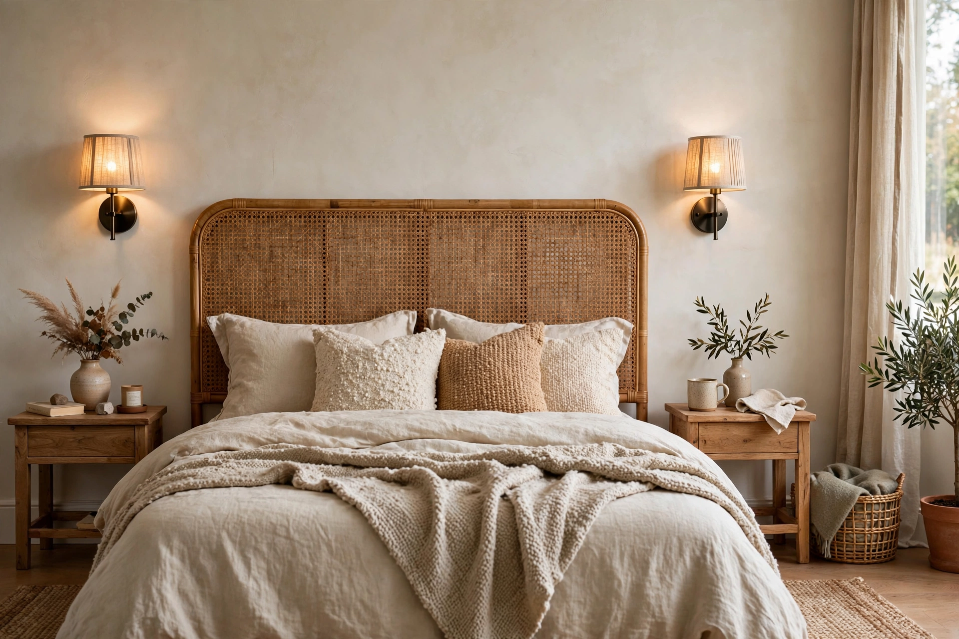 Wall sconces framing the edges of a rattan headboard in a bedroom