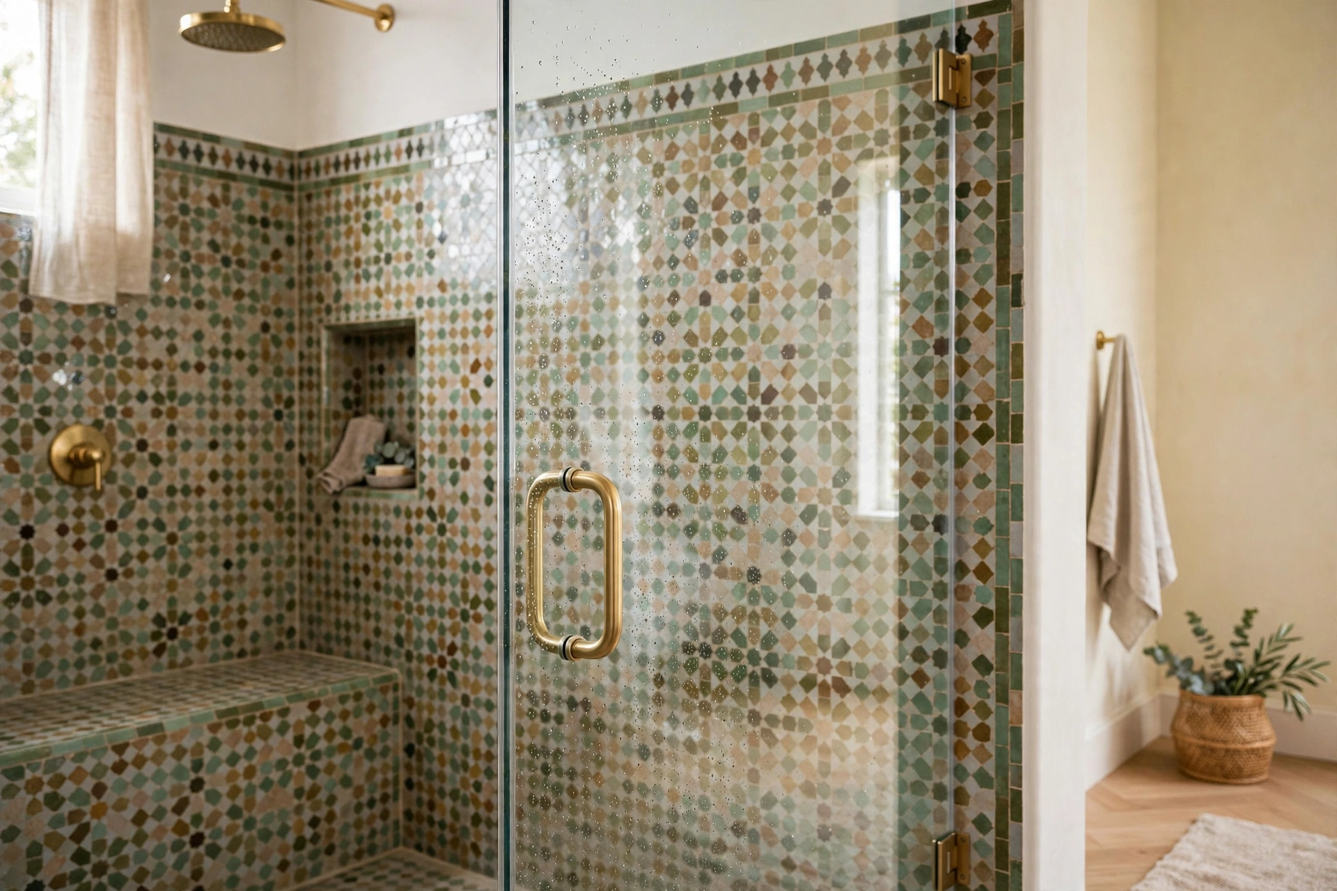 Clear low iron glass shower door showcasing handmade zellige tile
