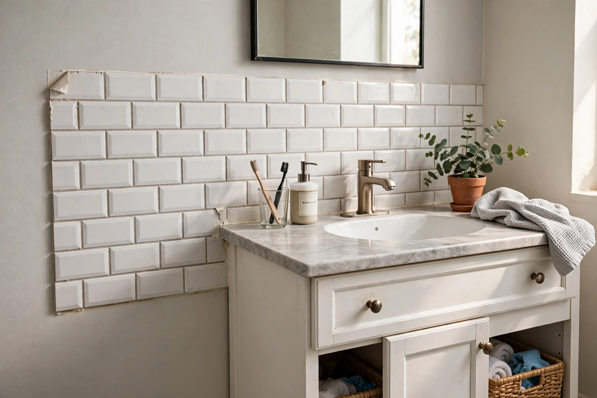 Peel and stick faux subway tile backsplash in a rental bathroom vanity