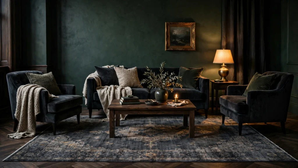 Charcoal Persian rug anchoring a velvet sofa in a moody green living room