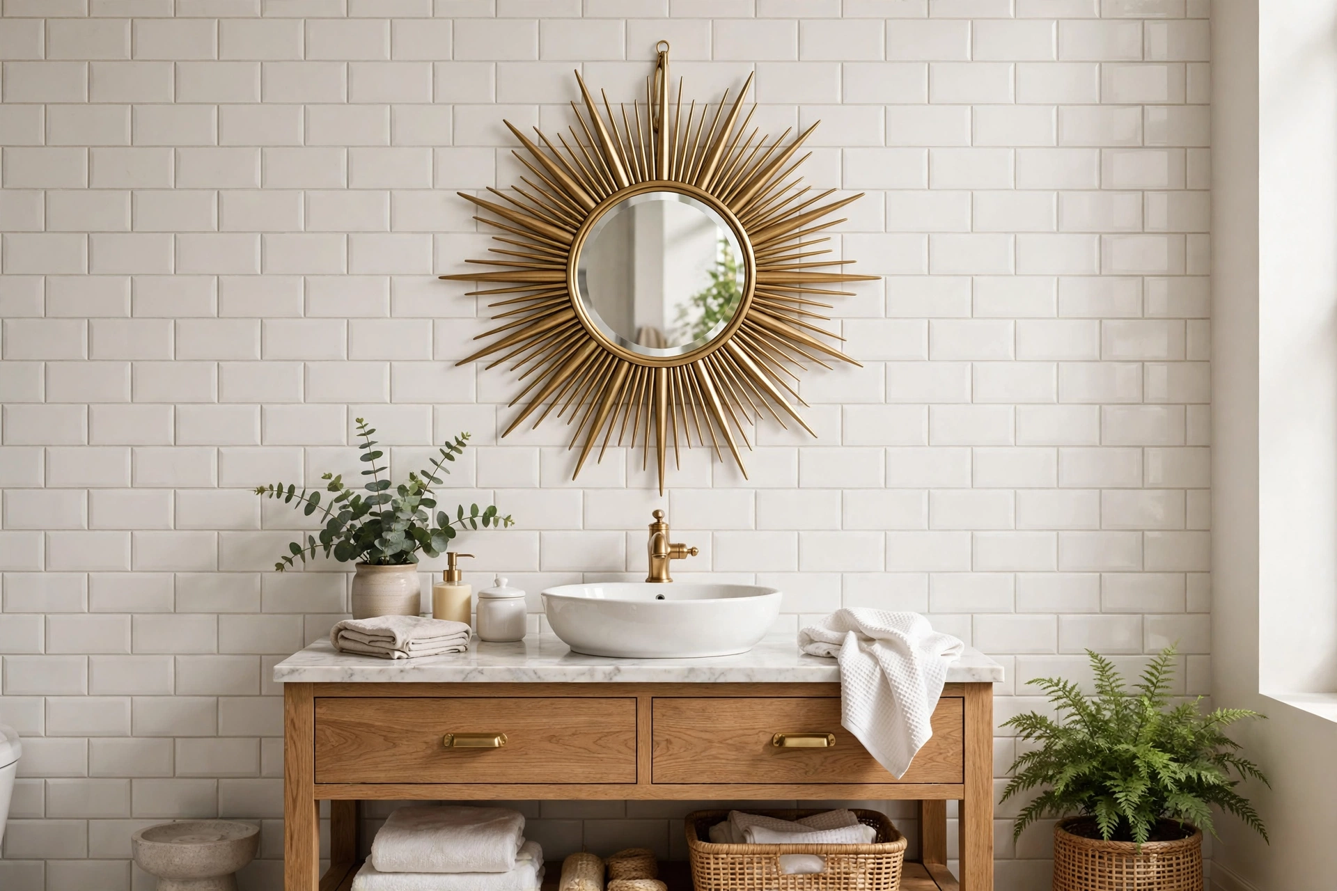 Decorative sunburst mirror hung as art on a bathroom wall