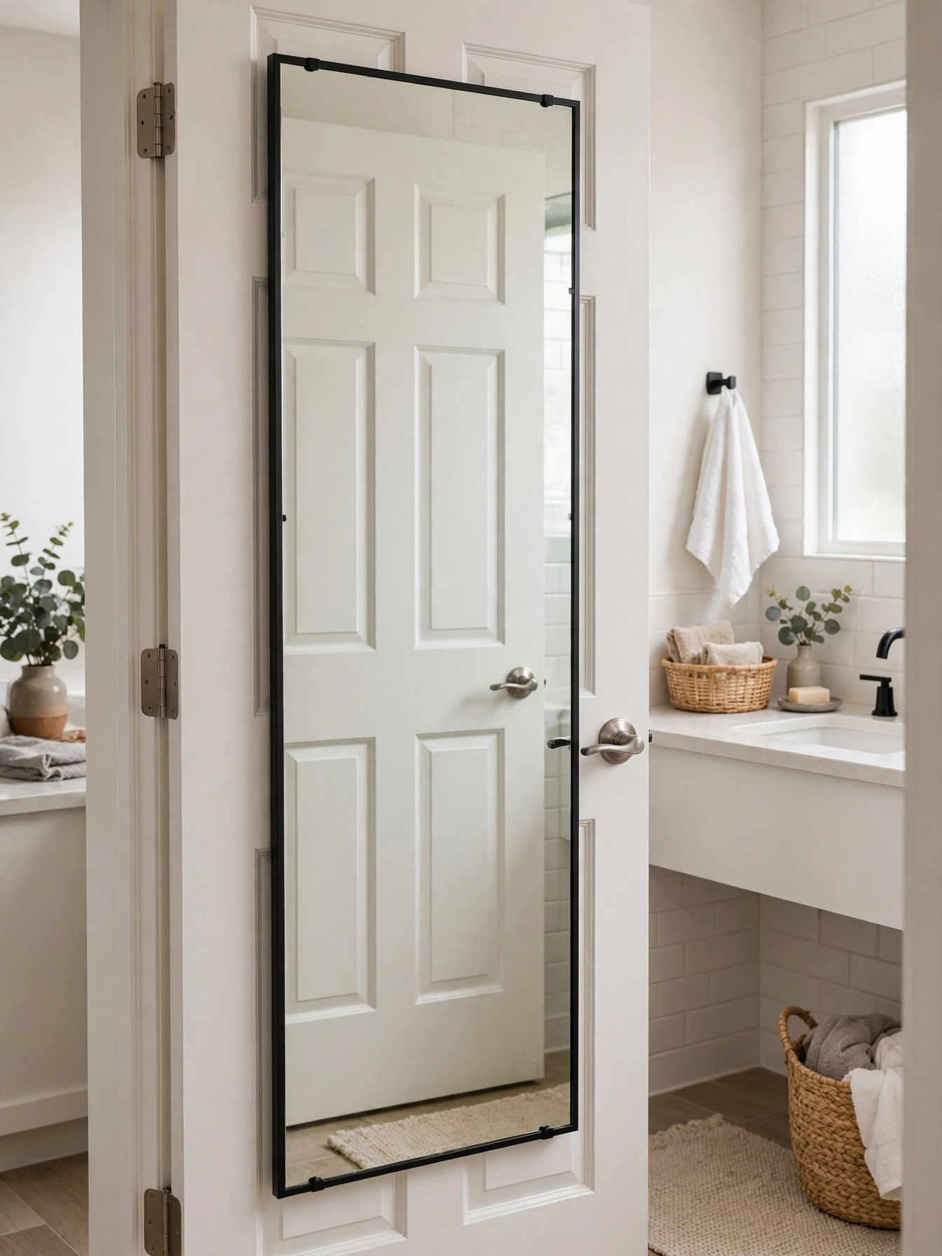 Full length mirror mounted on the inside of a bathroom door