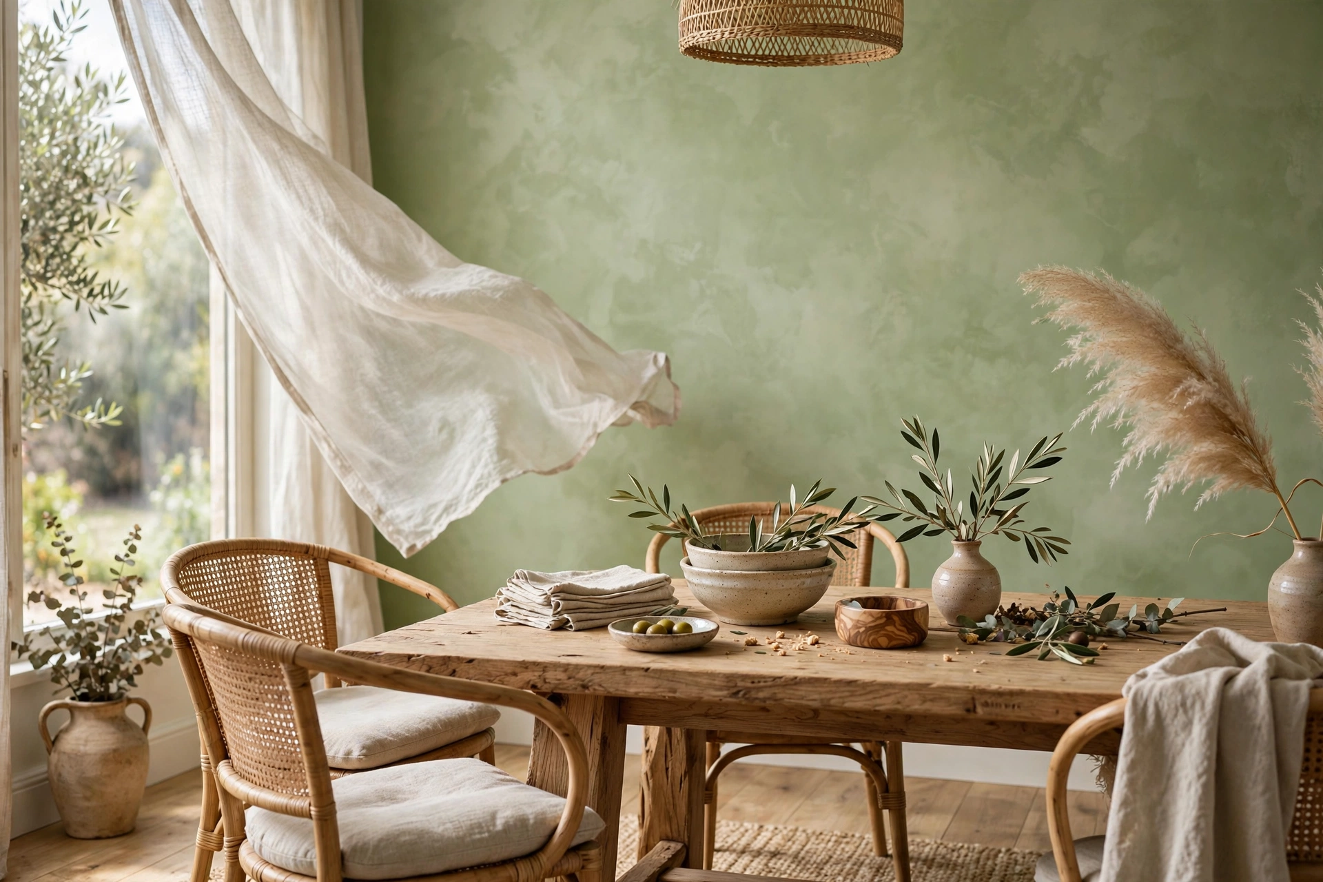 Limewash painted accent wall with soft movement in an organic dining room