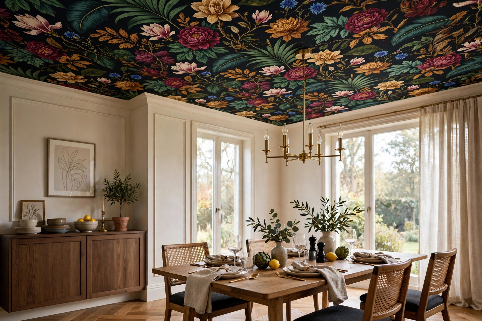 Dining room ceiling covered in bold botanical wallpaper pattern