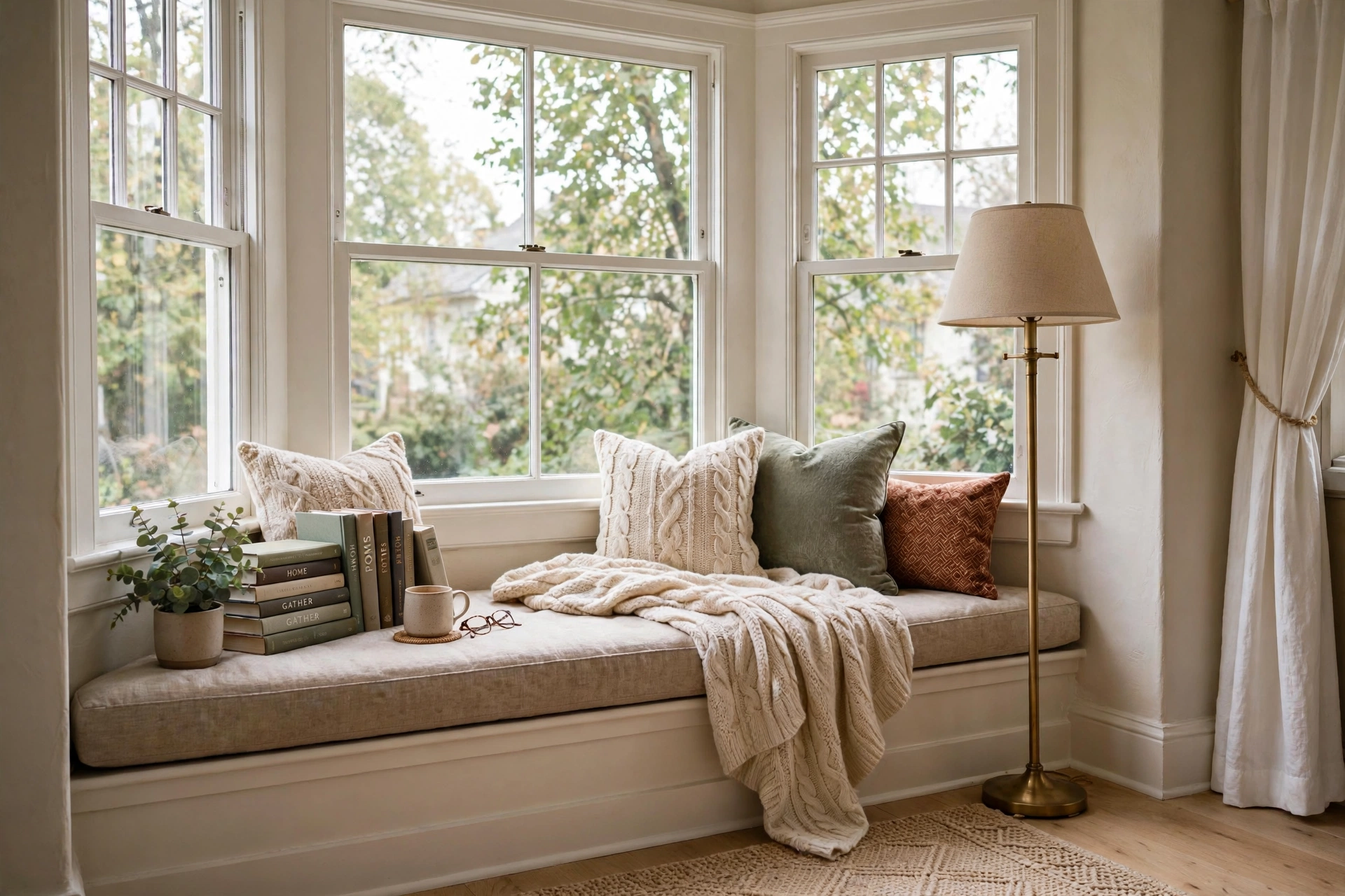 Reading nook in a bay window with a floor lamp and throw blanket