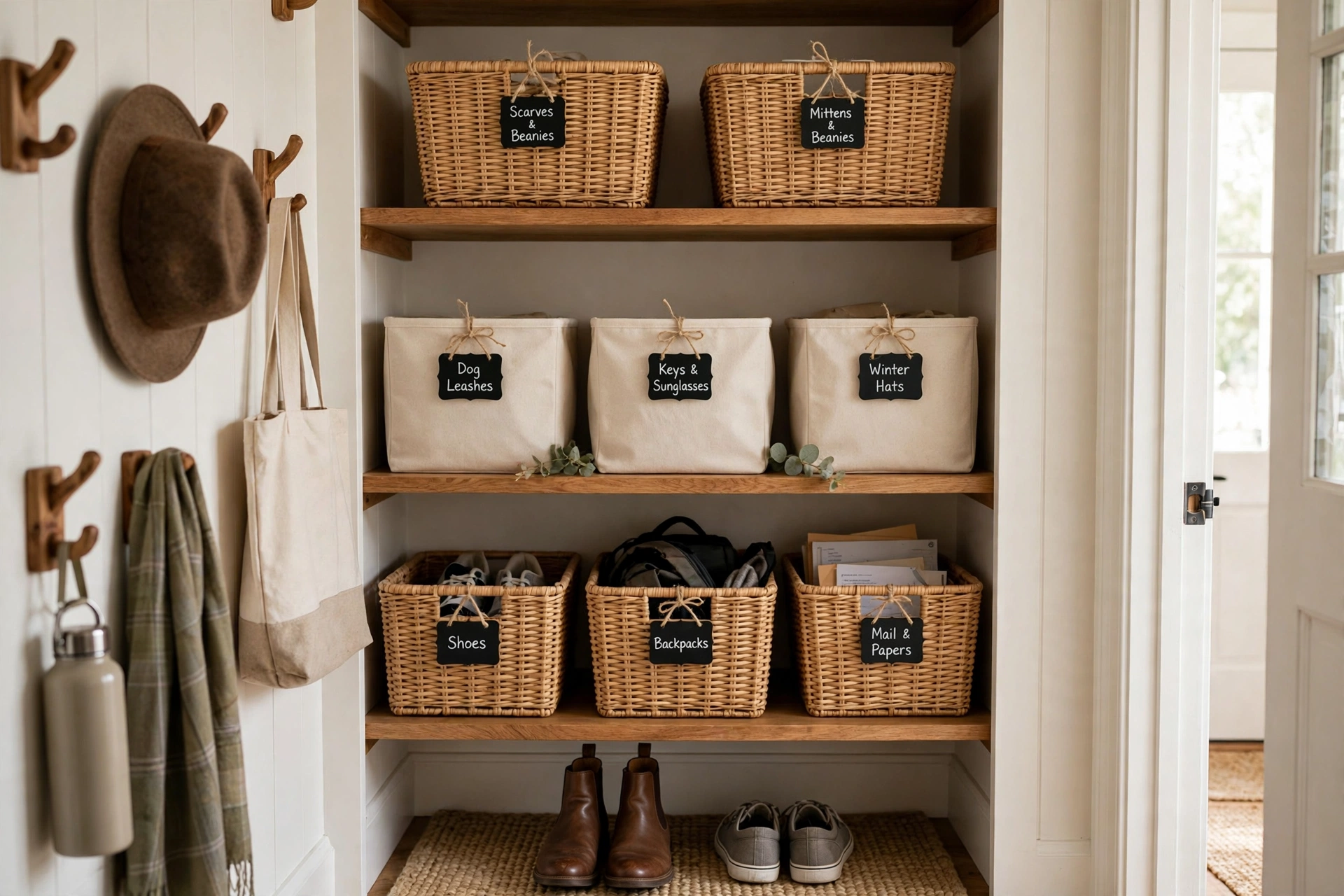 Chalkboard tags labeling baskets and bins in an organized closet